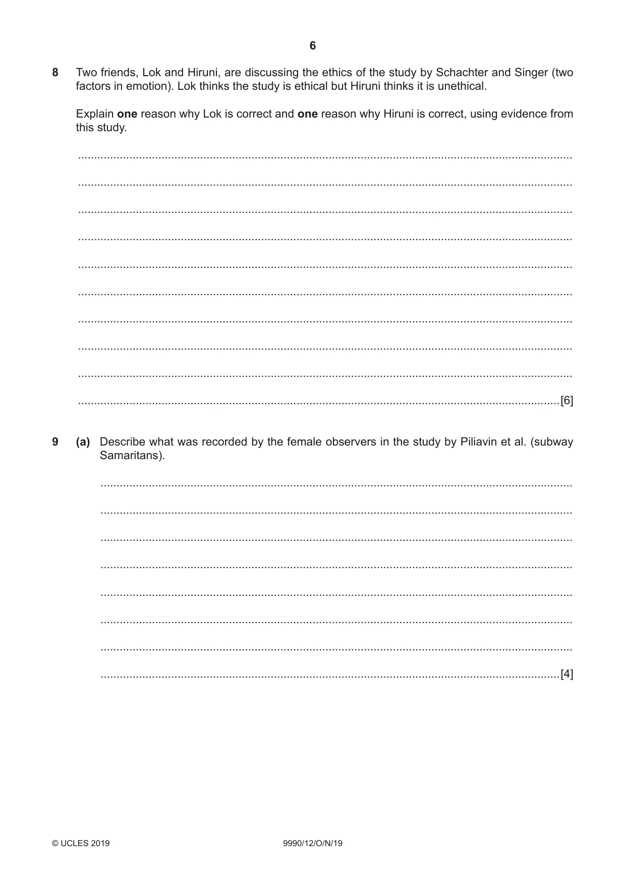 Cambridge A Level Psychology (from 2018) 9990 2019 Oct/Nov Paper 1 · Variant 2 question paper, page 6 of 8