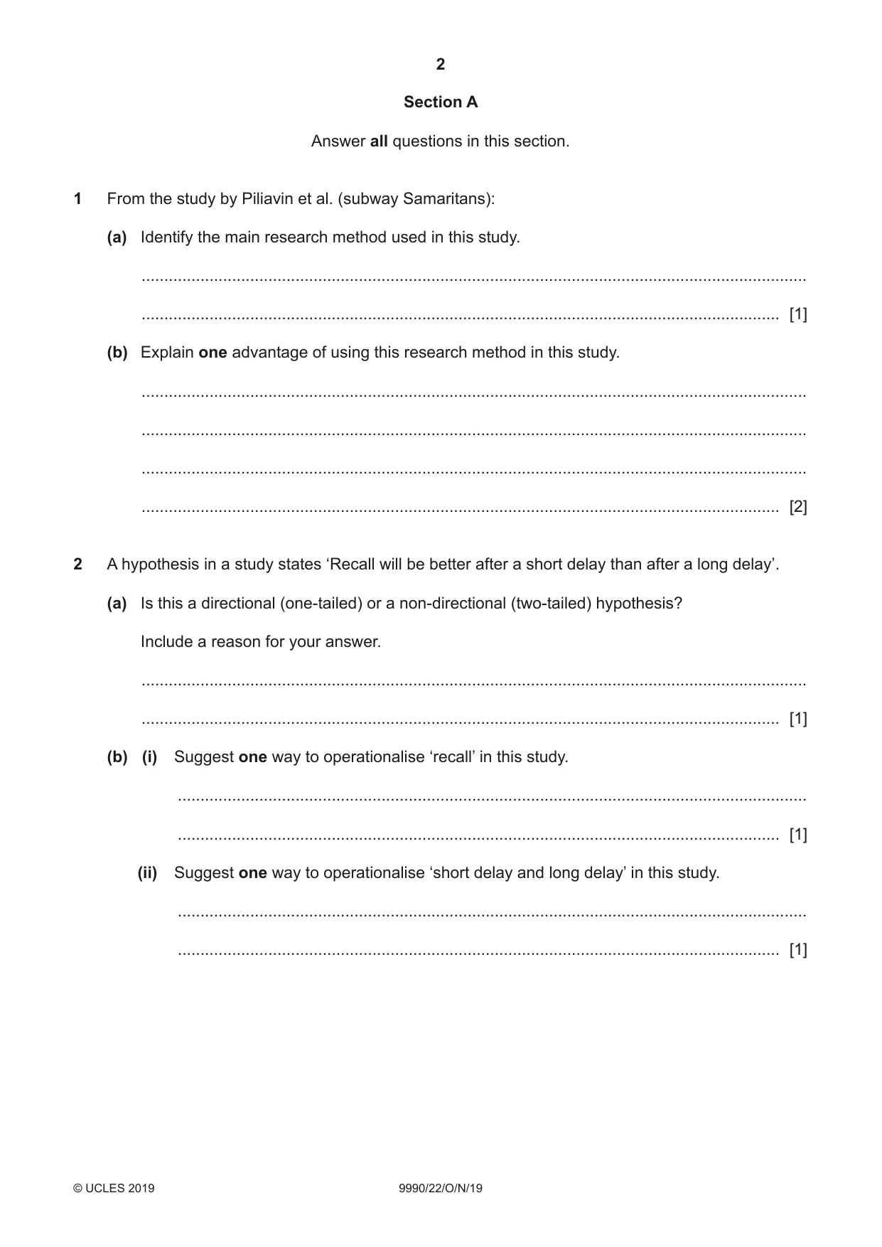 Cambridge A Level Psychology (from 2018) 9990 2019 Oct/Nov Paper 2 · Variant 2 question paper, page 2 of 12