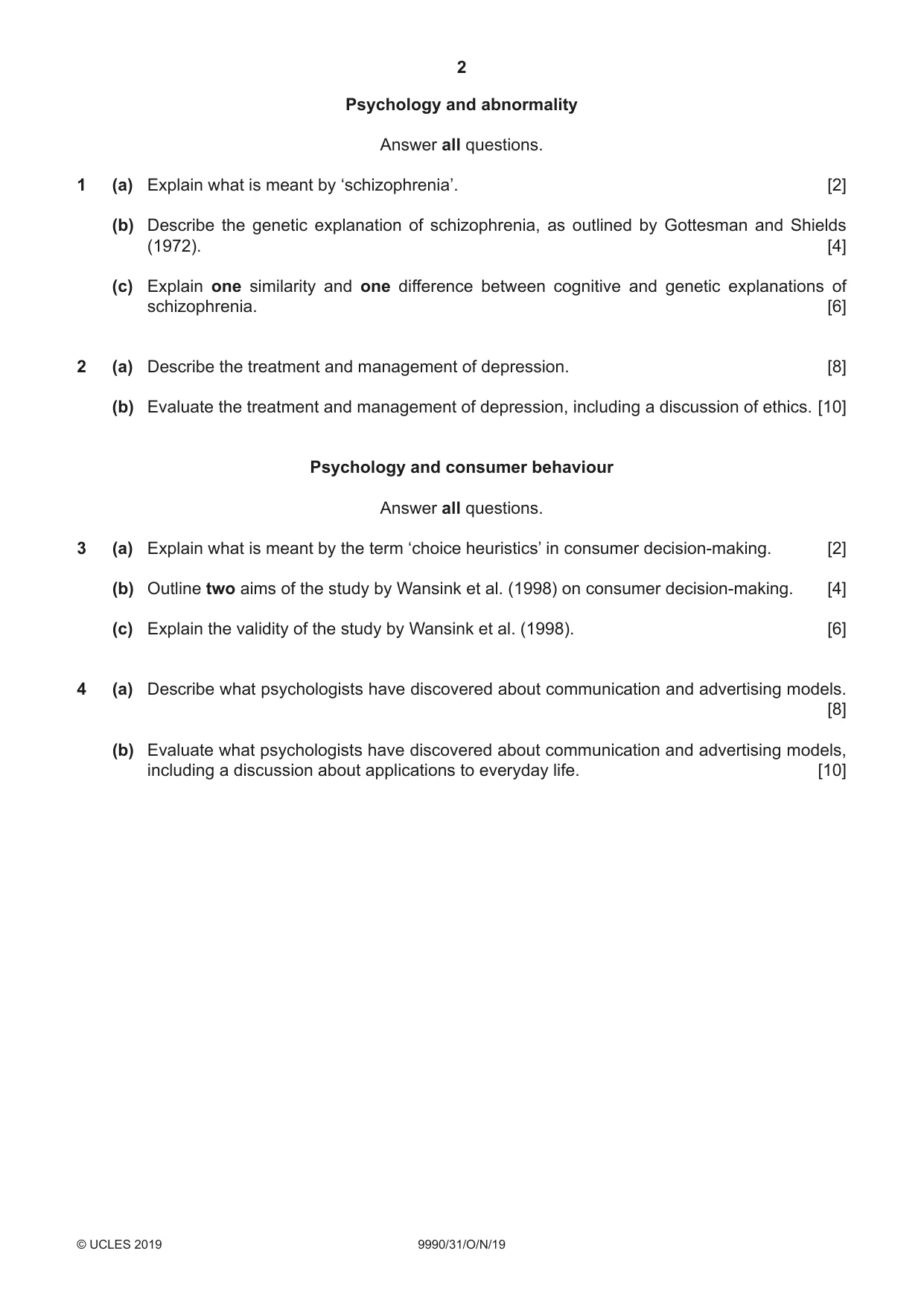 Cambridge A Level Psychology (from 2018) 9990 2019 Oct/Nov Paper 3 · Variant 1 question paper, page 2 of 4