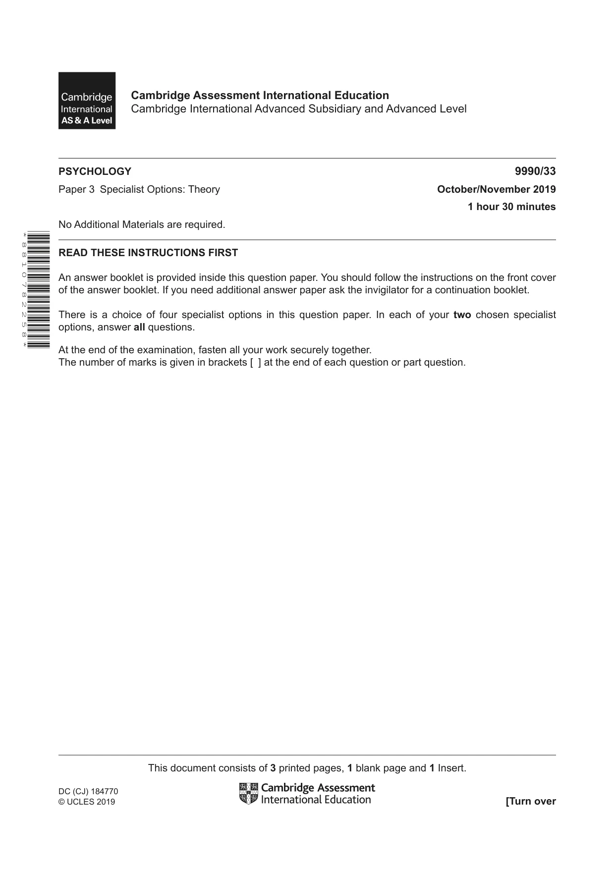 Cambridge A Level Psychology (from 2018) 9990 2019 Oct/Nov Paper 3 · Variant 3 question paper, page 1 of 4