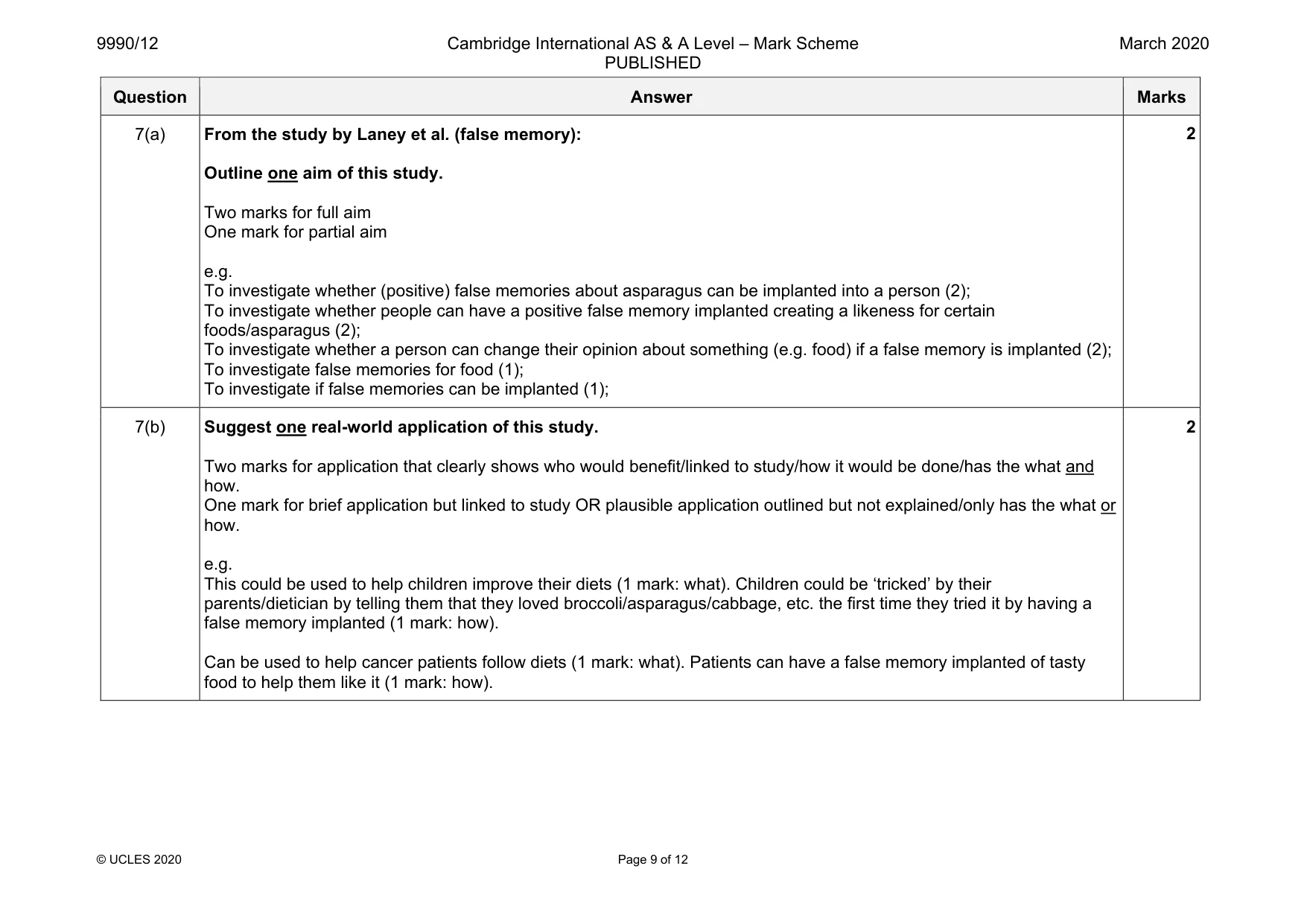 Mark scheme, page 9 of 12