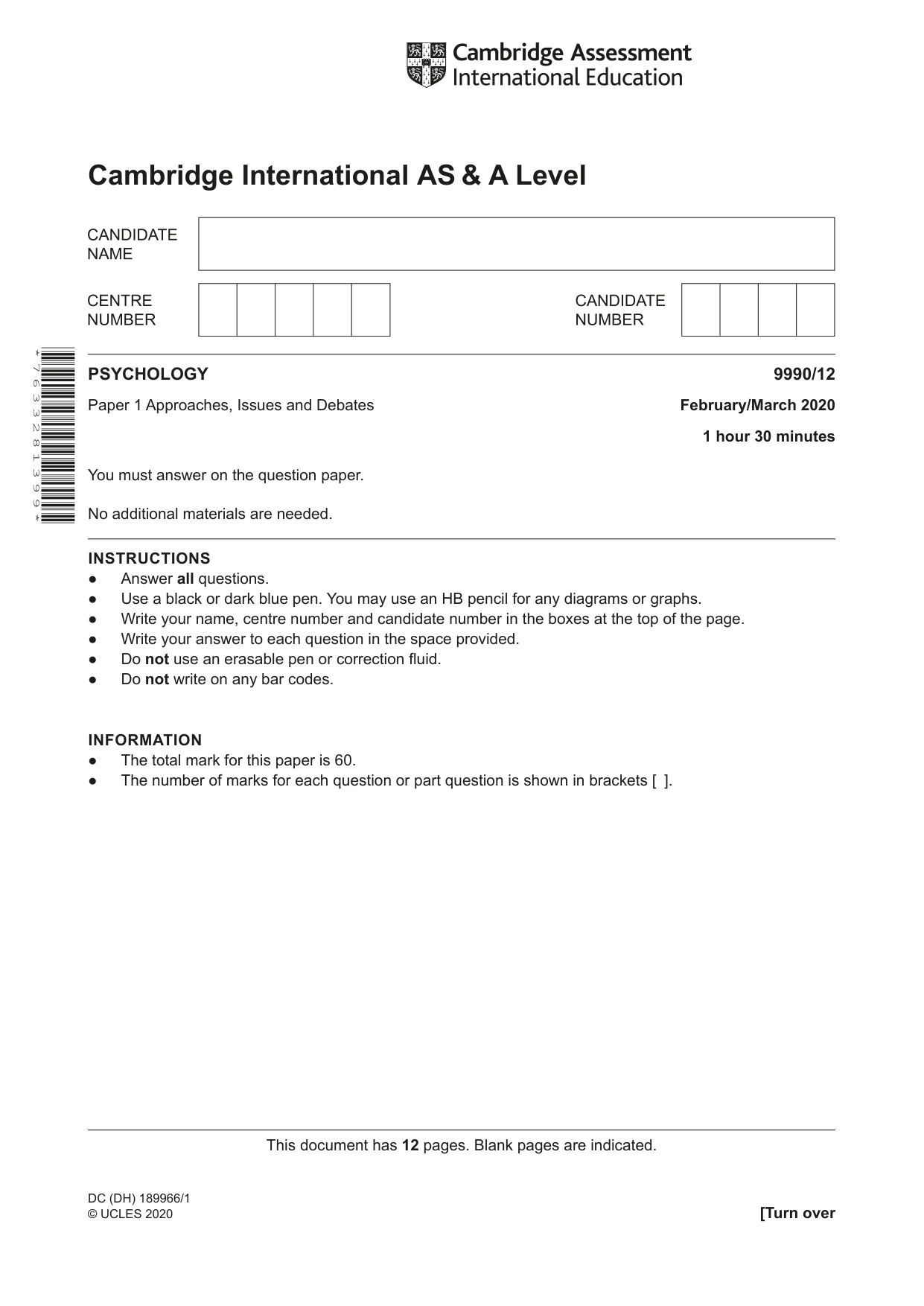 Cambridge A Level Psychology (from 2018) 9990 2020 Feb/March Paper 1 · Variant 2 question paper, page 1 of 12
