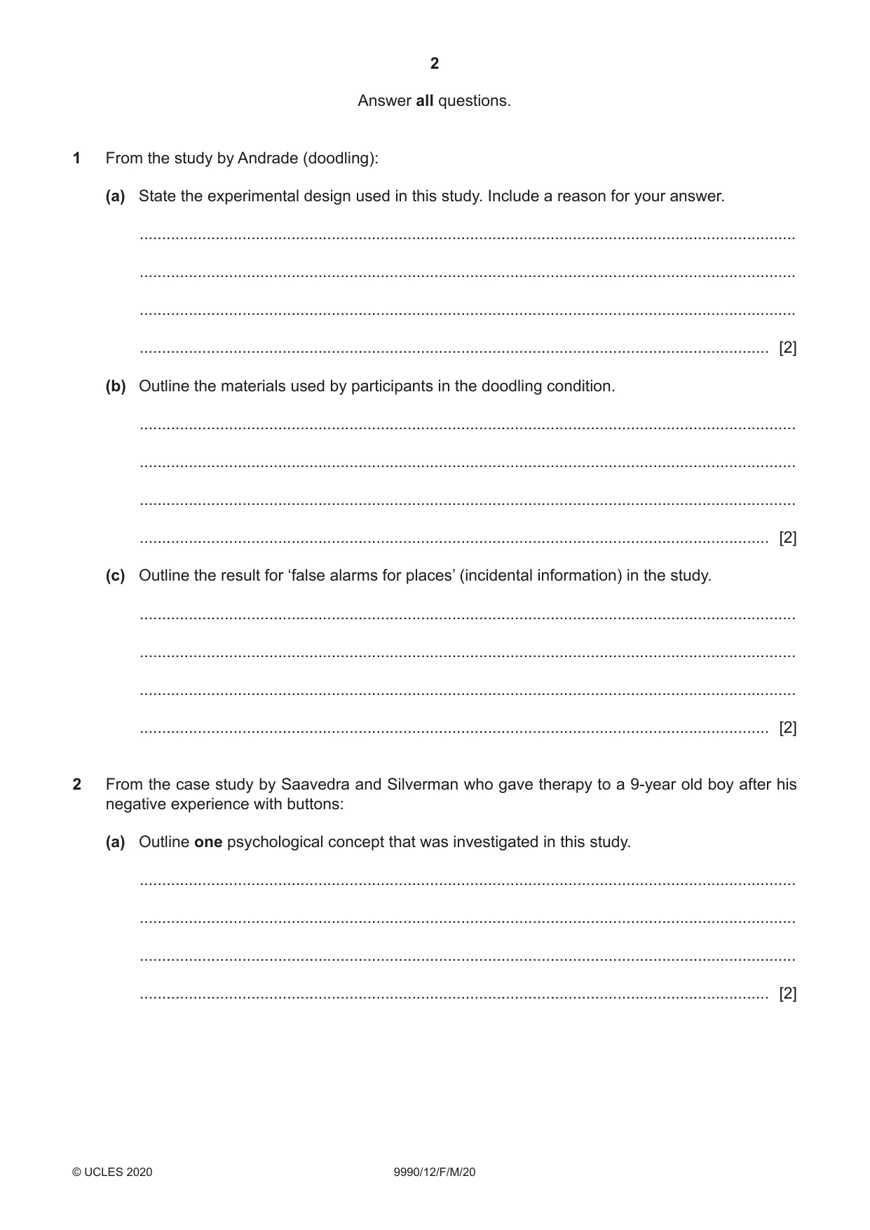 Cambridge A Level Psychology (from 2018) 9990 2020 Feb/March Paper 1 · Variant 2 question paper, page 2 of 12