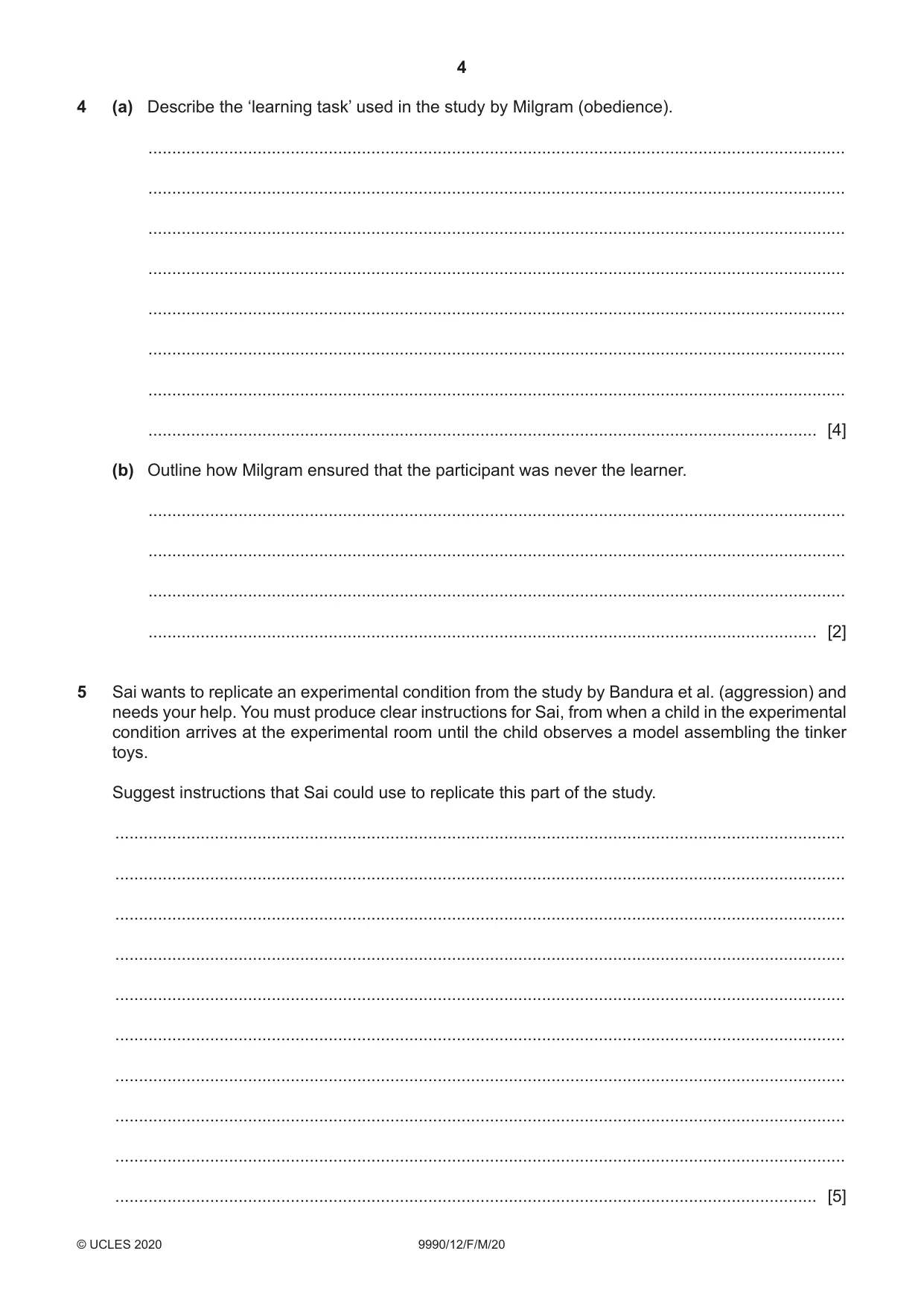 Cambridge A Level Psychology (from 2018) 9990 2020 Feb/March Paper 1 · Variant 2 question paper, page 4 of 12
