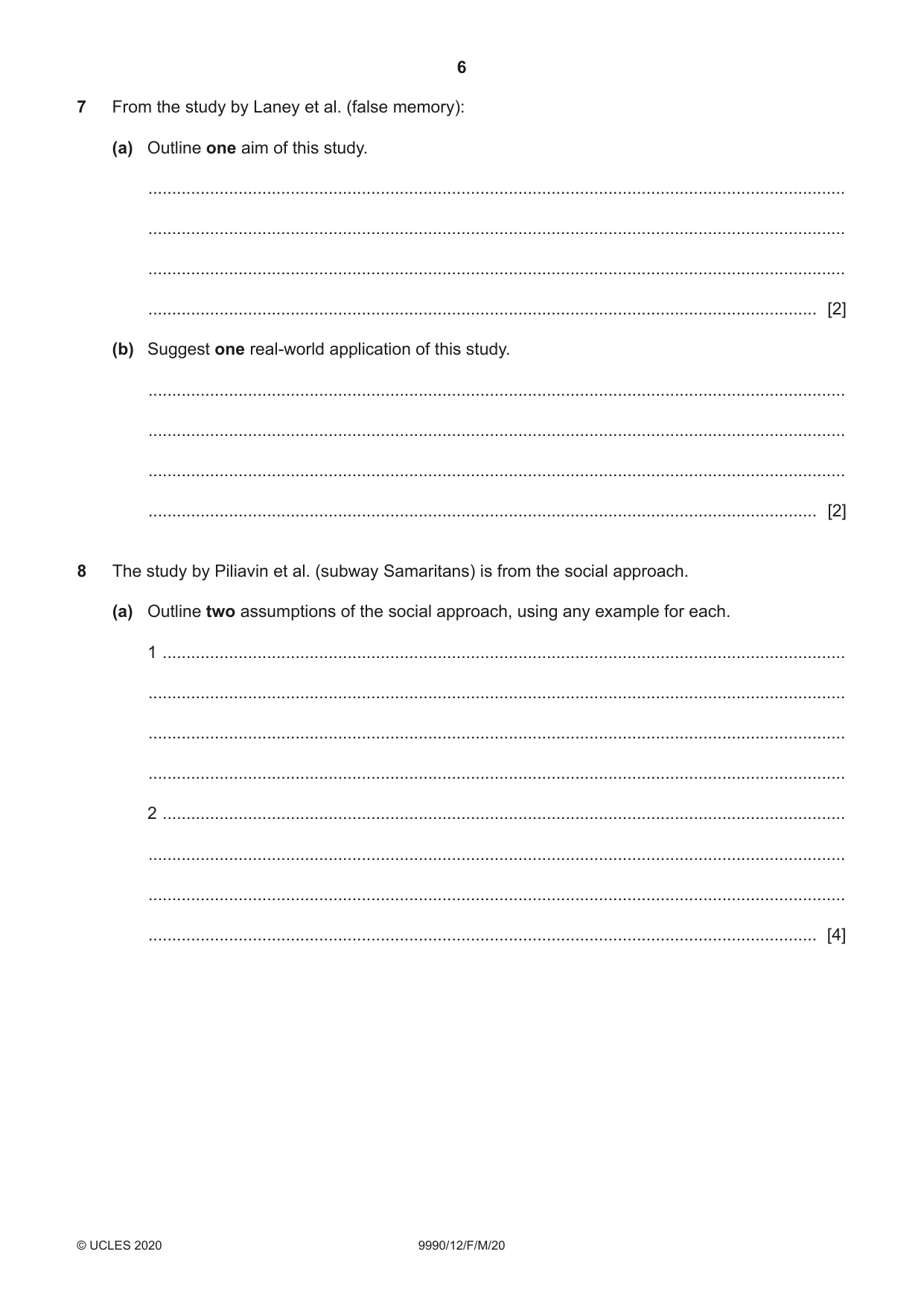 Cambridge A Level Psychology (from 2018) 9990 2020 Feb/March Paper 1 · Variant 2 question paper, page 6 of 12
