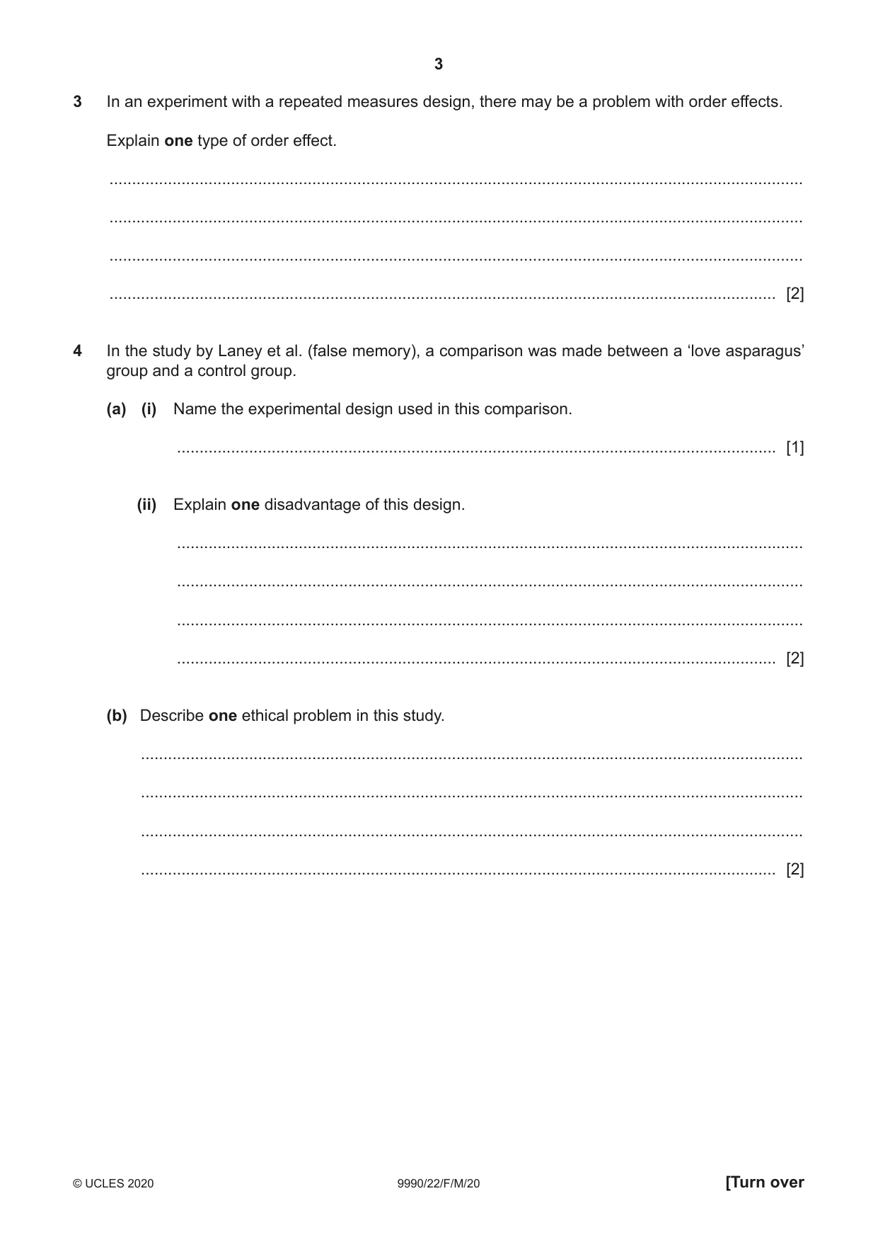 Cambridge A Level Psychology (from 2018) 9990 2020 Feb/March Paper 2 · Variant 2 question paper, page 3 of 12