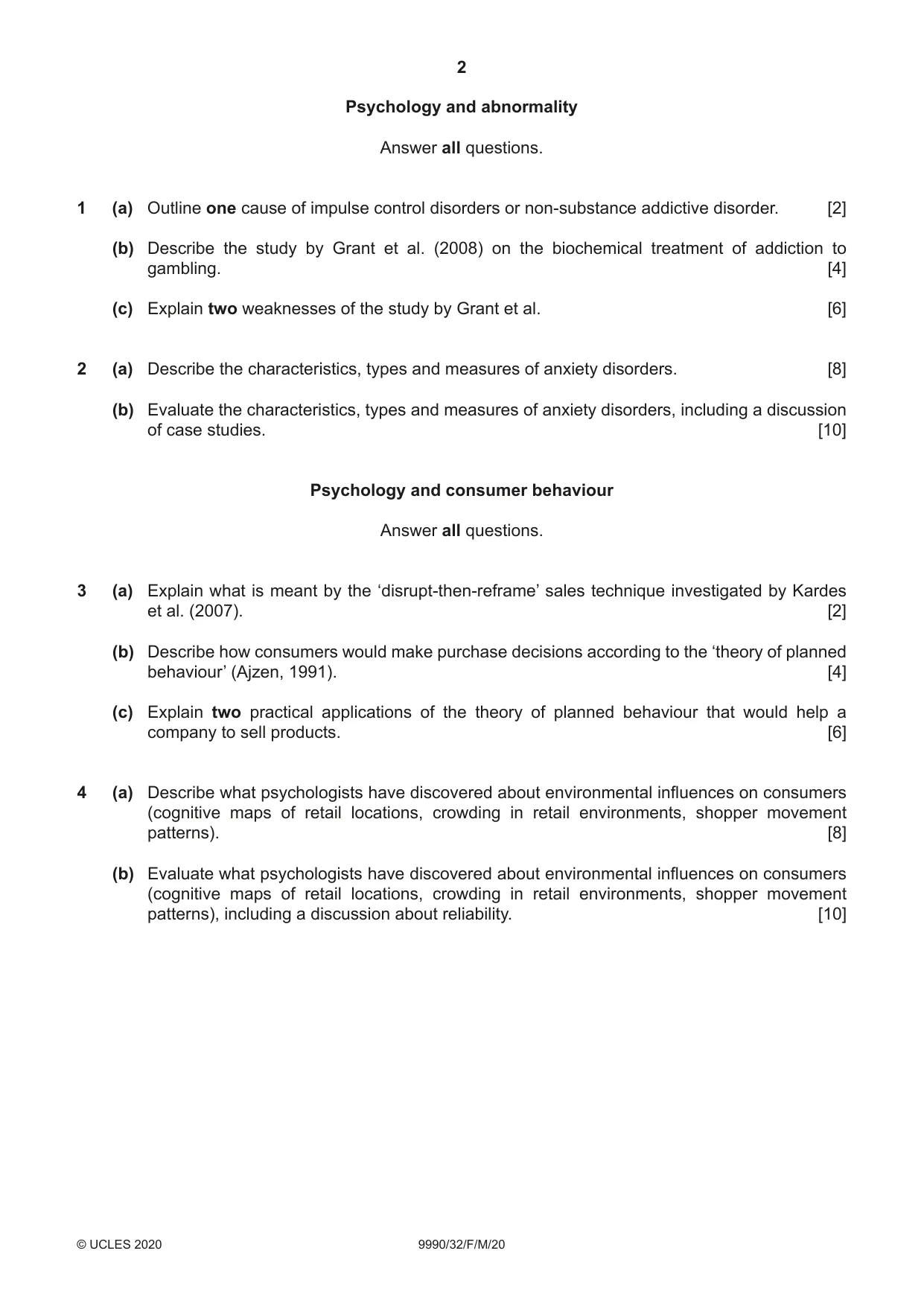 Cambridge A Level Psychology (from 2018) 9990 2020 Feb/March Paper 3 · Variant 2 question paper, page 2 of 4