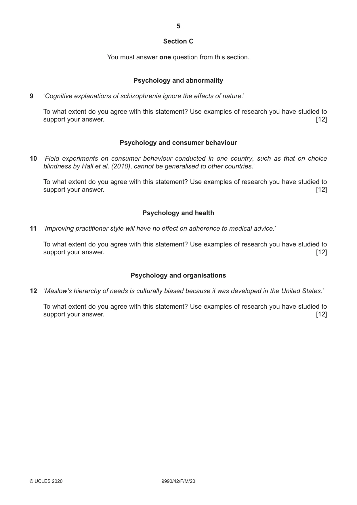 Cambridge A Level Psychology (from 2018) 9990 2020 Feb/March Paper 4 · Variant 2 question paper, page 5 of 8