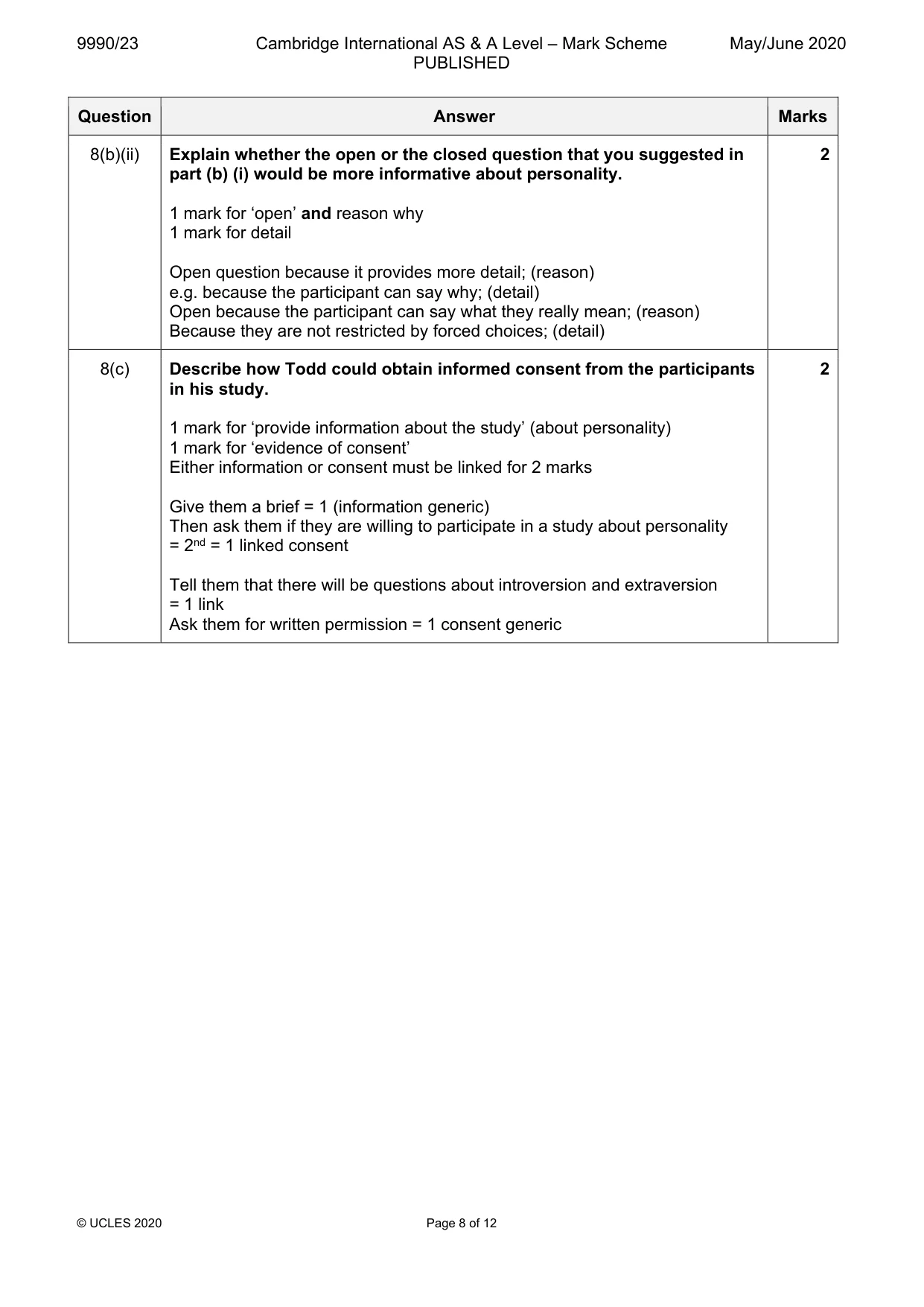 Mark scheme, page 8 of 12