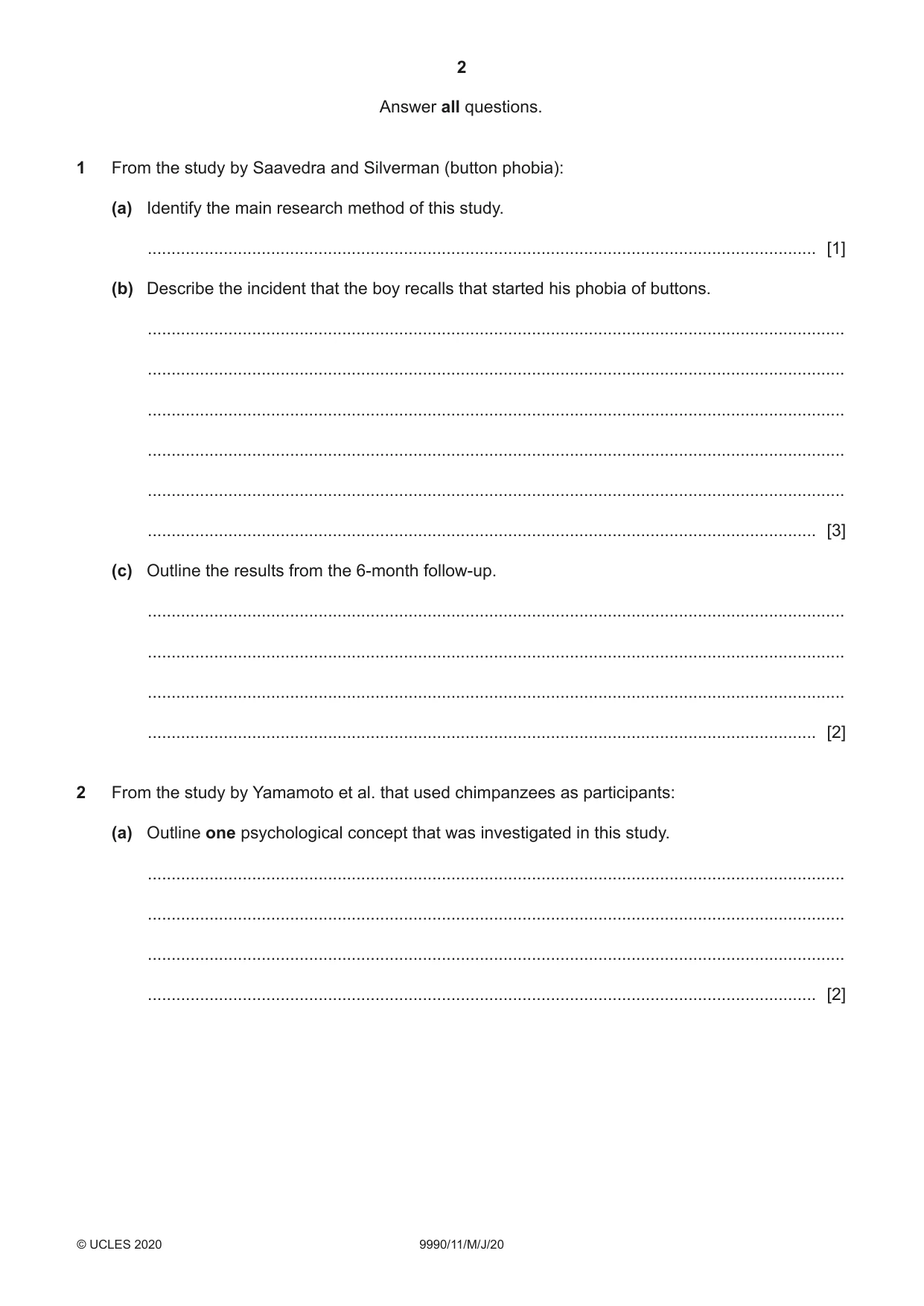 Cambridge A Level Psychology (from 2018) 9990 2020 May/June Paper 1 · Variant 1 question paper, page 2 of 12
