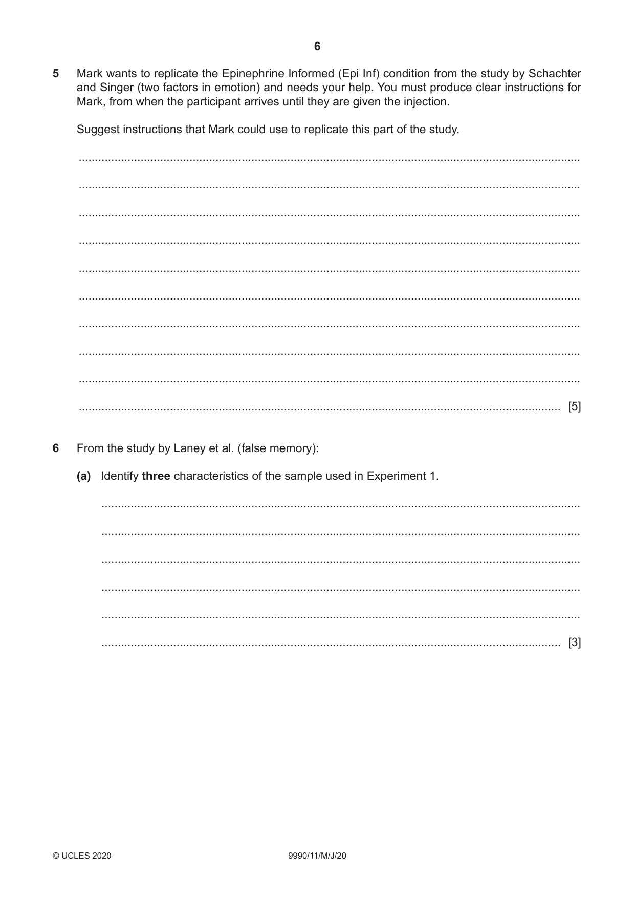 Cambridge A Level Psychology (from 2018) 9990 2020 May/June Paper 1 · Variant 1 question paper, page 6 of 12