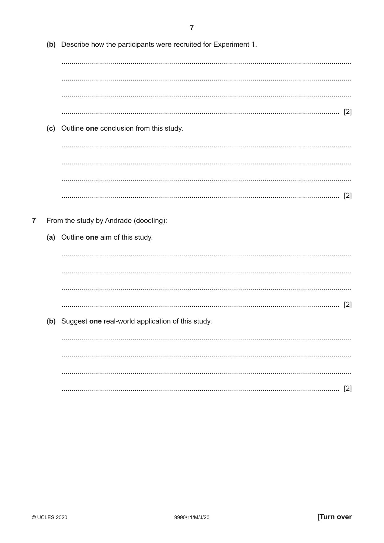 Cambridge A Level Psychology (from 2018) 9990 2020 May/June Paper 1 · Variant 1 question paper, page 7 of 12