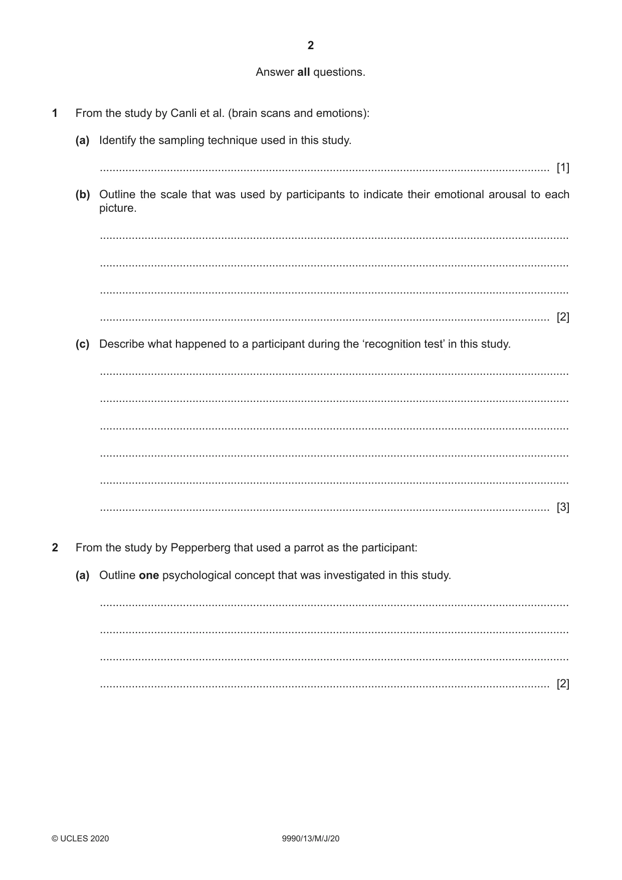 Cambridge A Level Psychology (from 2018) 9990 2020 May/June Paper 1 · Variant 3 question paper, page 2 of 12