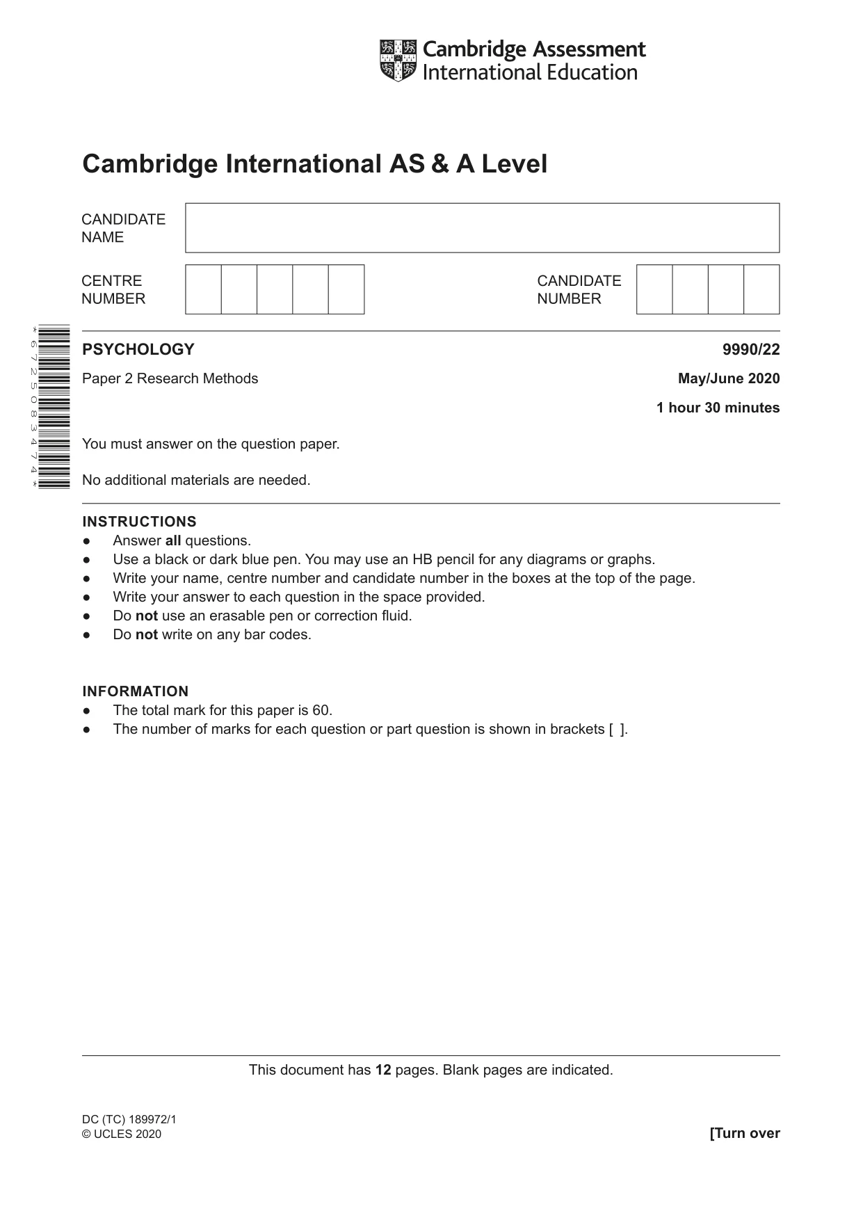 Cambridge A Level Psychology (from 2018) 9990 2020 May/June Paper 2 · Variant 2 question paper, page 1 of 12