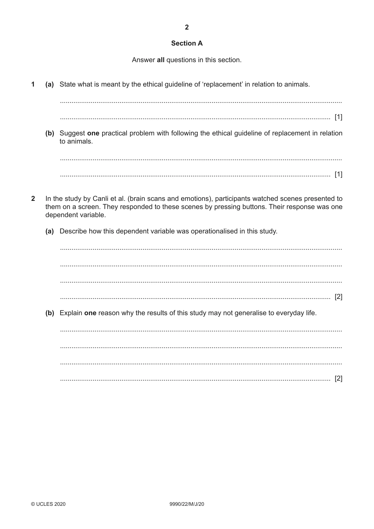 Cambridge A Level Psychology (from 2018) 9990 2020 May/June Paper 2 · Variant 2 question paper, page 2 of 12