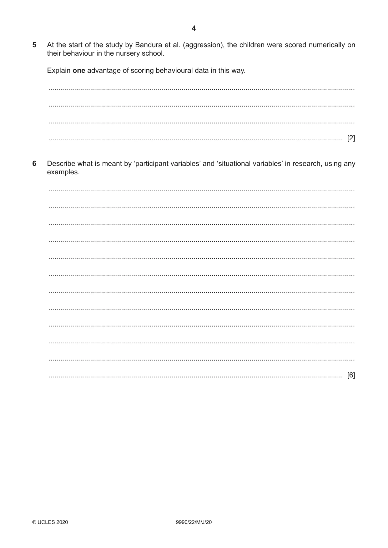 Cambridge A Level Psychology (from 2018) 9990 2020 May/June Paper 2 · Variant 2 question paper, page 4 of 12