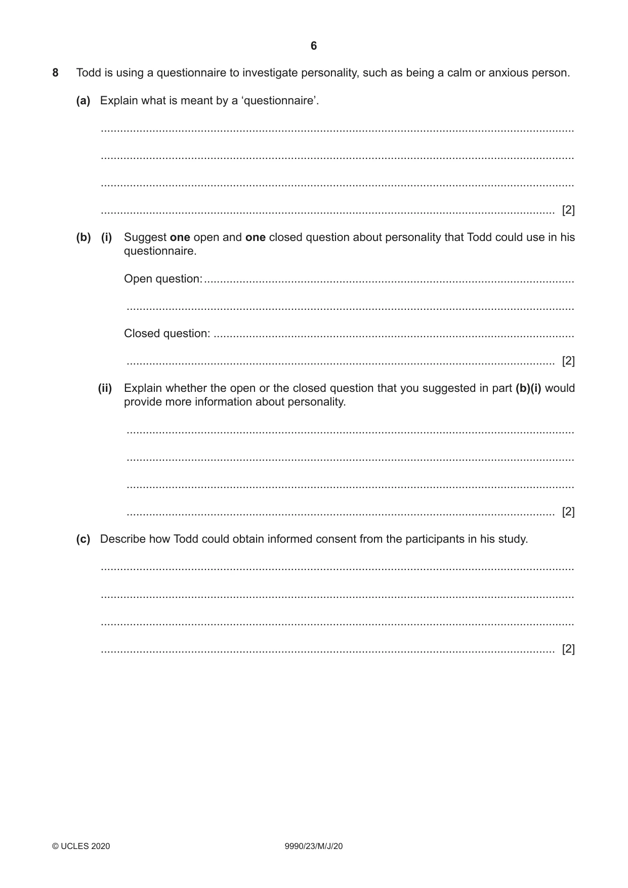 Cambridge A Level Psychology (from 2018) 9990 2020 May/June Paper 2 · Variant 3 question paper, page 6 of 12