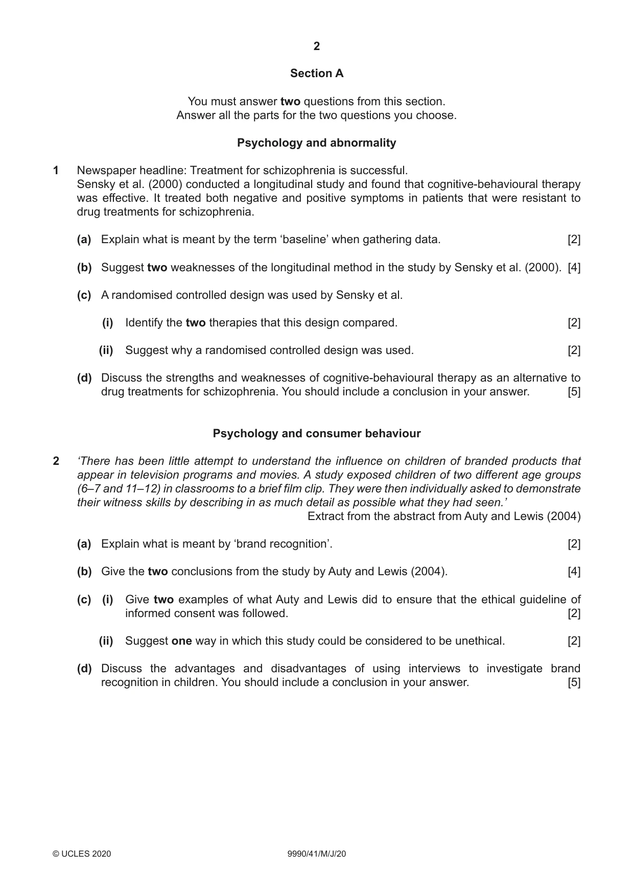 Cambridge A Level Psychology (from 2018) 9990 2020 May/June Paper 4 · Variant 1 question paper, page 2 of 8