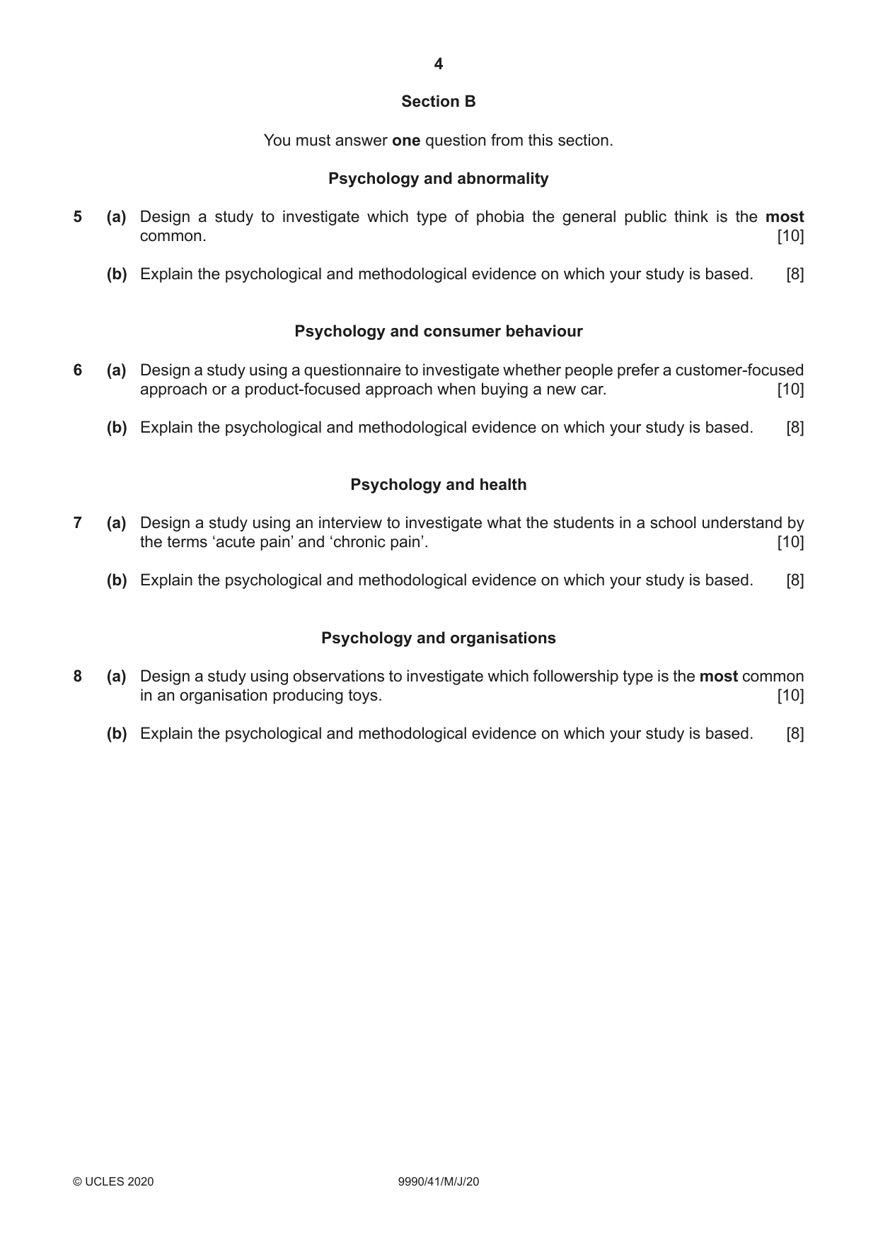 Cambridge A Level Psychology (from 2018) 9990 2020 May/June Paper 4 · Variant 1 question paper, page 4 of 8