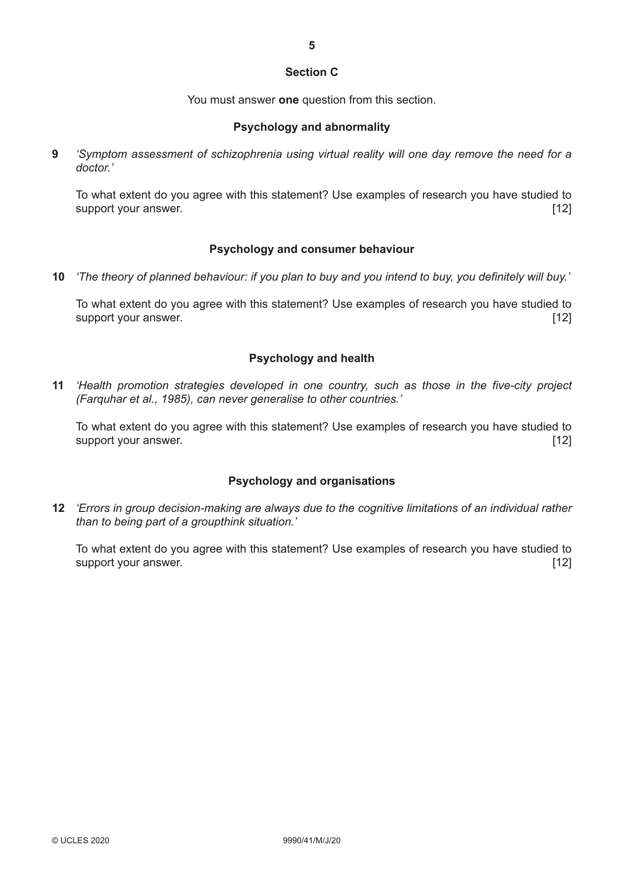 Cambridge A Level Psychology (from 2018) 9990 2020 May/June Paper 4 · Variant 1 question paper, page 5 of 8