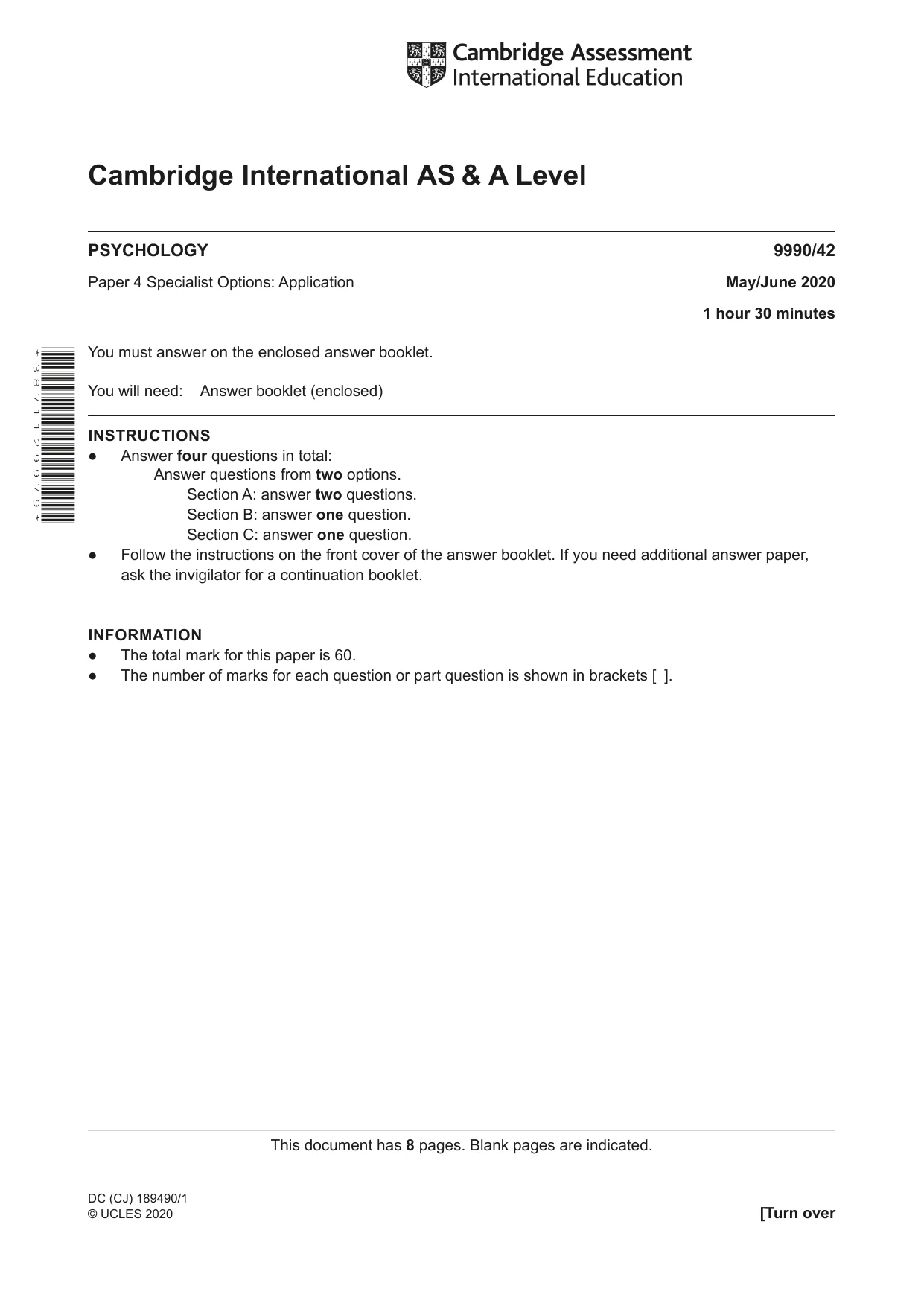 Cambridge A Level Psychology (from 2018) 9990 2020 May/June Paper 4 · Variant 2 question paper, page 1 of 8