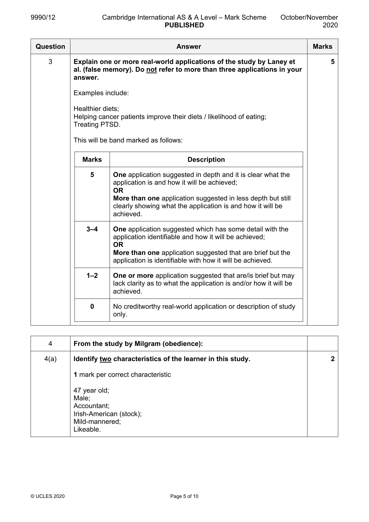 Mark scheme, page 5 of 10