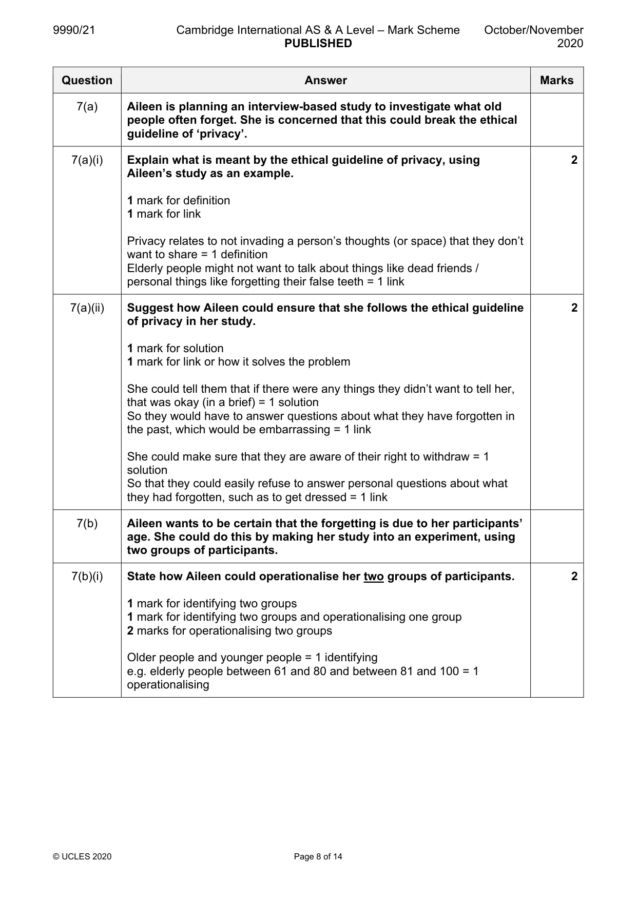 Mark scheme, page 8 of 14