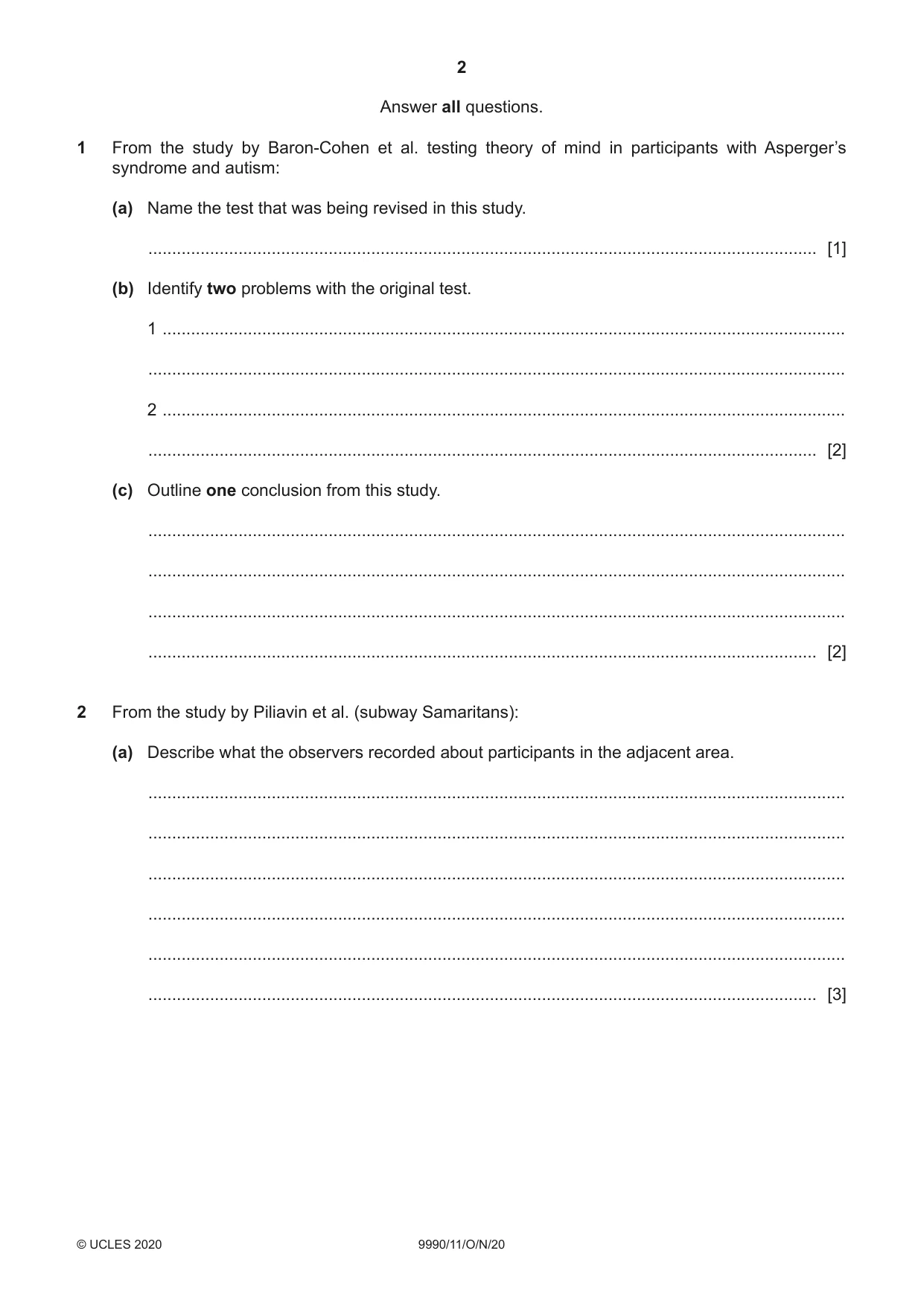 Cambridge A Level Psychology (from 2018) 9990 2020 Oct/Nov Paper 1 · Variant 1 question paper, page 2 of 12