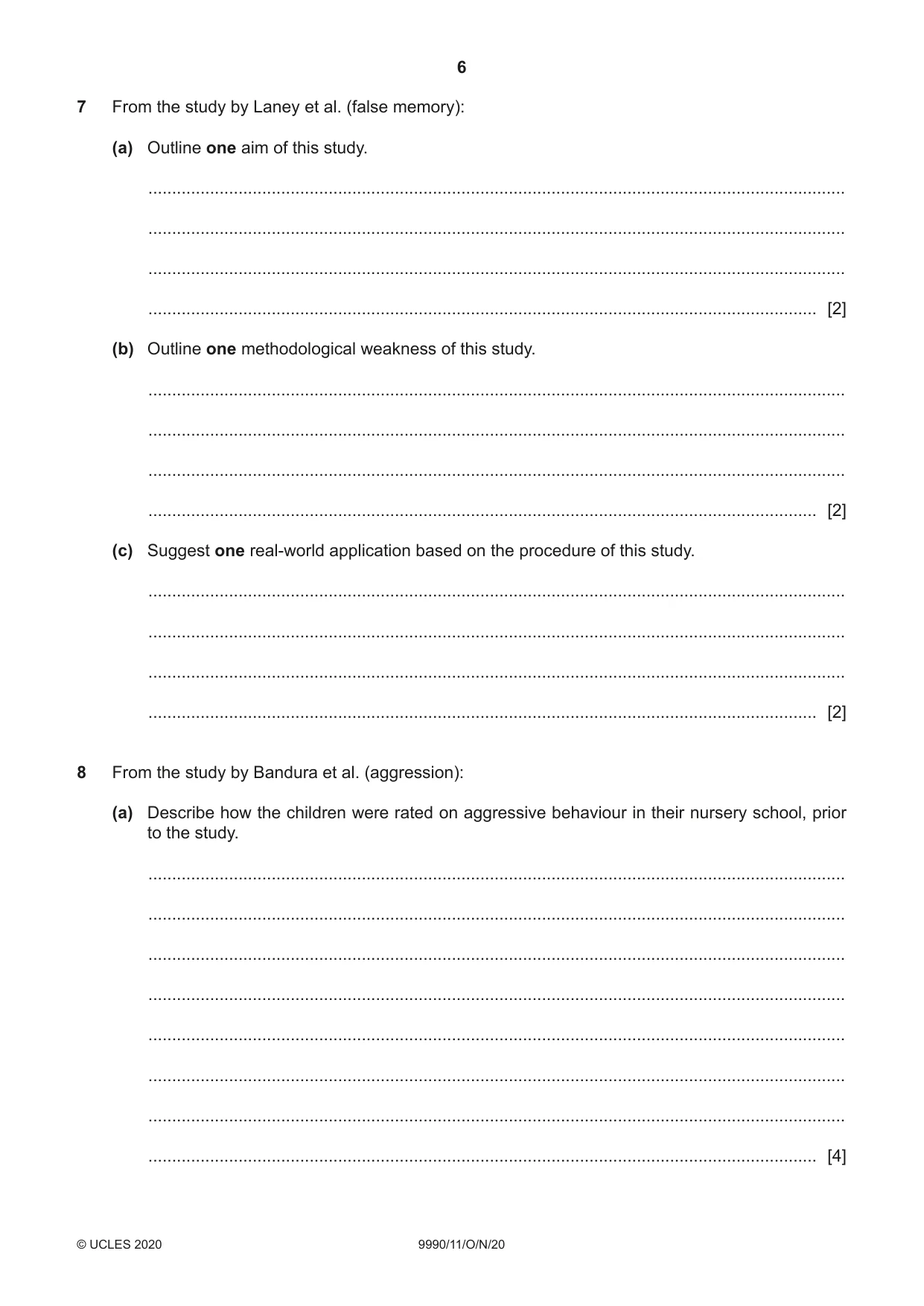 Cambridge A Level Psychology (from 2018) 9990 2020 Oct/Nov Paper 1 · Variant 1 question paper, page 6 of 12