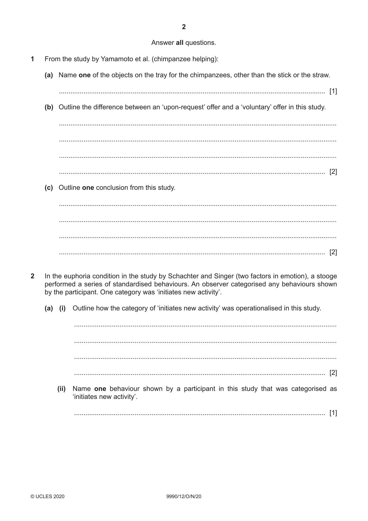 Cambridge A Level Psychology (from 2018) 9990 2020 Oct/Nov Paper 1 · Variant 2 question paper, page 2 of 12