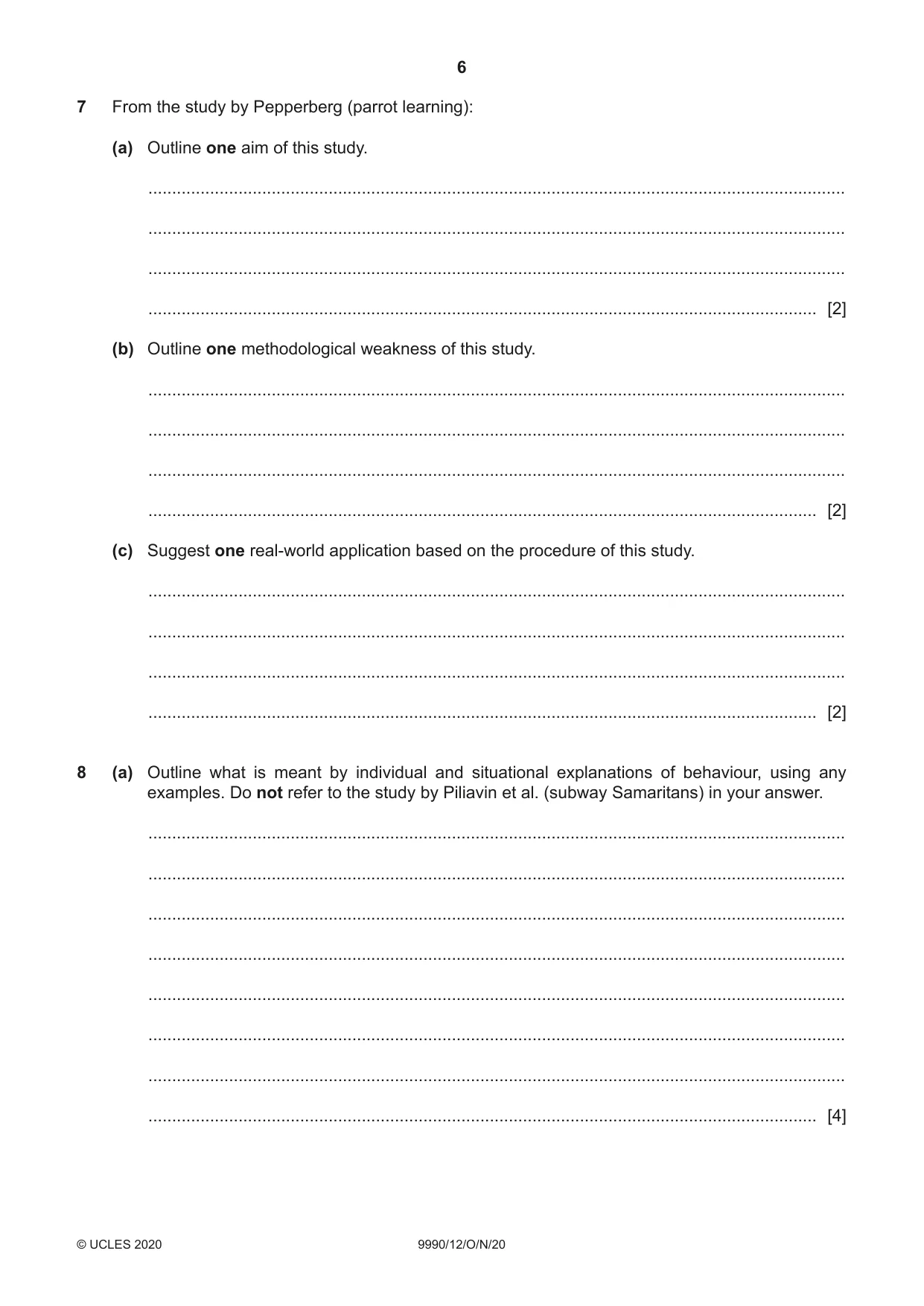 Cambridge A Level Psychology (from 2018) 9990 2020 Oct/Nov Paper 1 · Variant 2 question paper, page 6 of 12