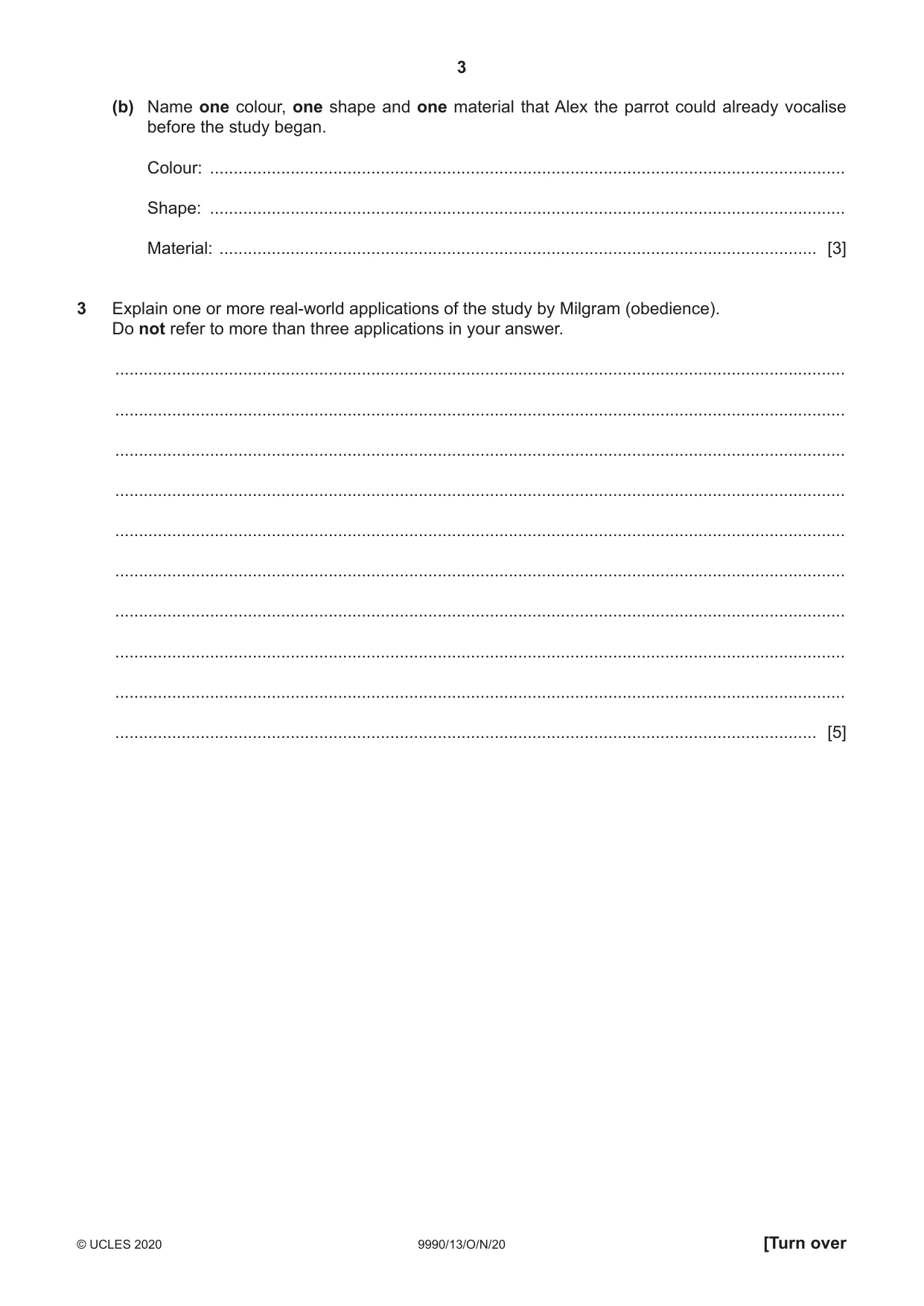 Cambridge A Level Psychology (from 2018) 9990 2020 Oct/Nov Paper 1 · Variant 3 question paper, page 3 of 12