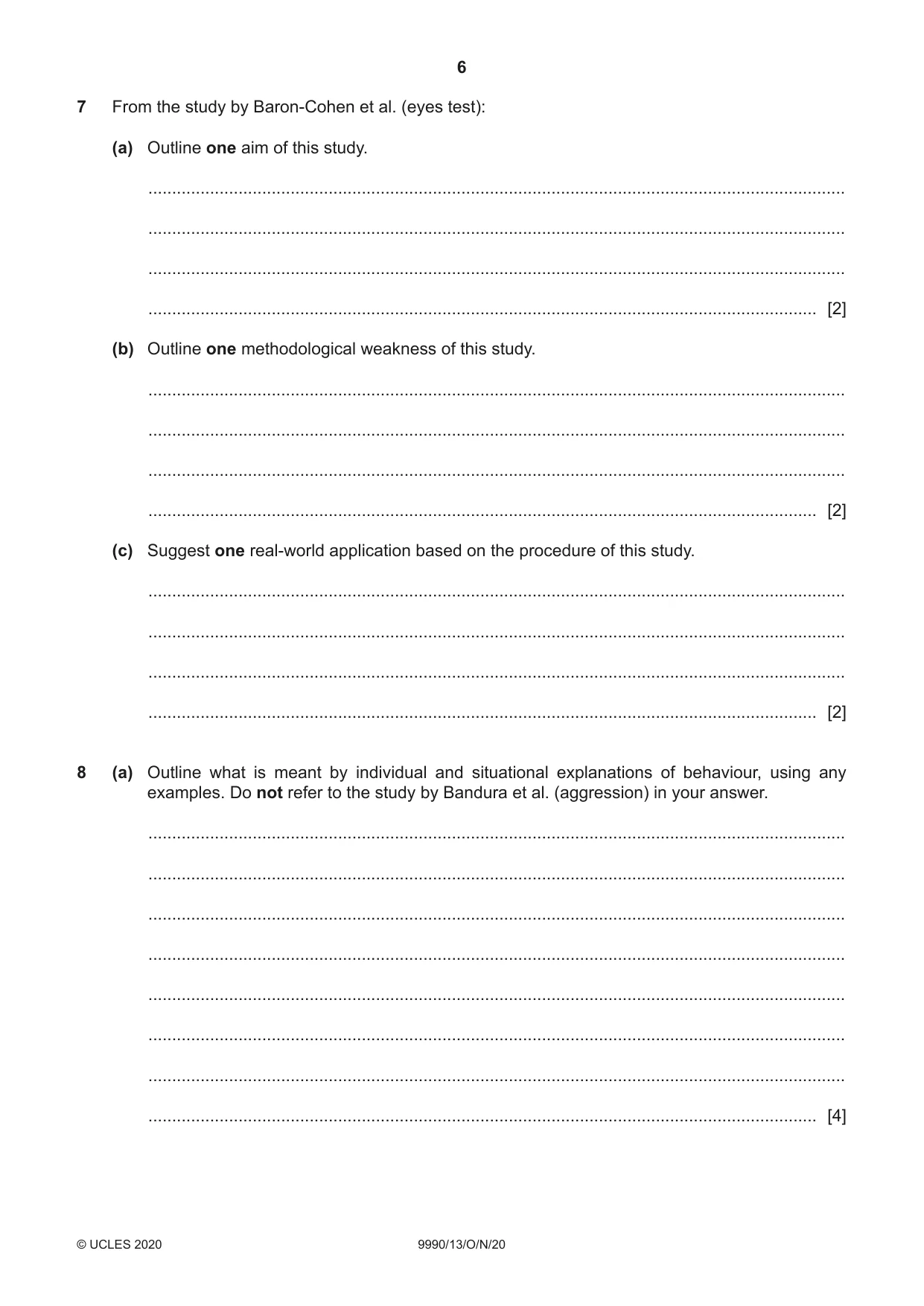 Cambridge A Level Psychology (from 2018) 9990 2020 Oct/Nov Paper 1 · Variant 3 question paper, page 6 of 12