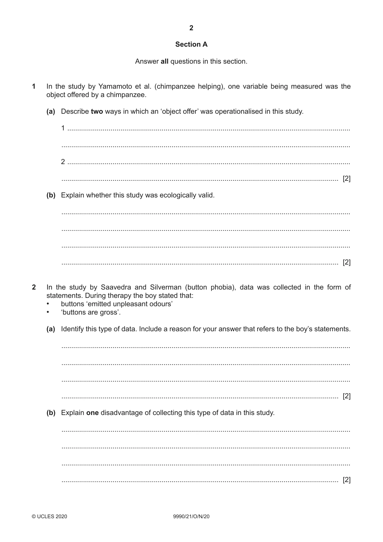 Cambridge A Level Psychology (from 2018) 9990 2020 Oct/Nov Paper 2 · Variant 1 question paper, page 2 of 12