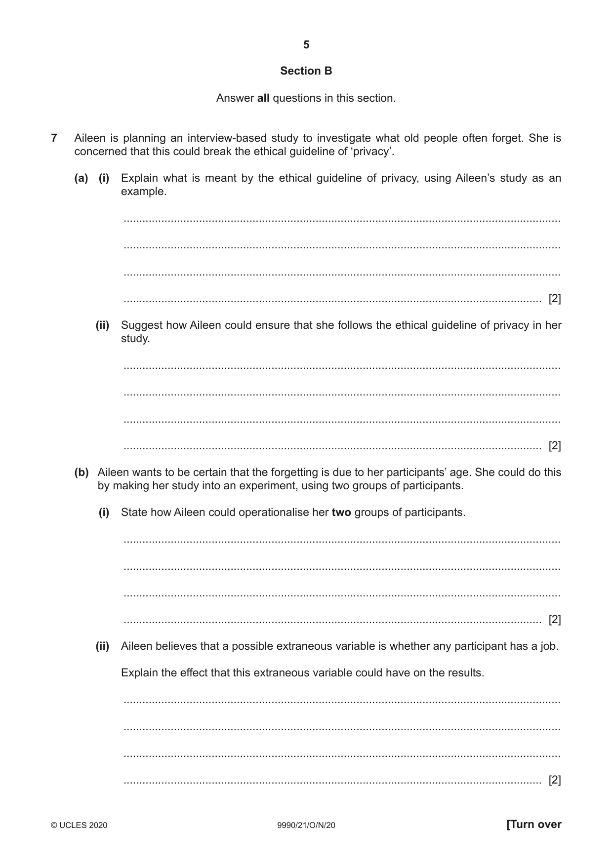 Cambridge A Level Psychology (from 2018) 9990 2020 Oct/Nov Paper 2 · Variant 1 question paper, page 5 of 12