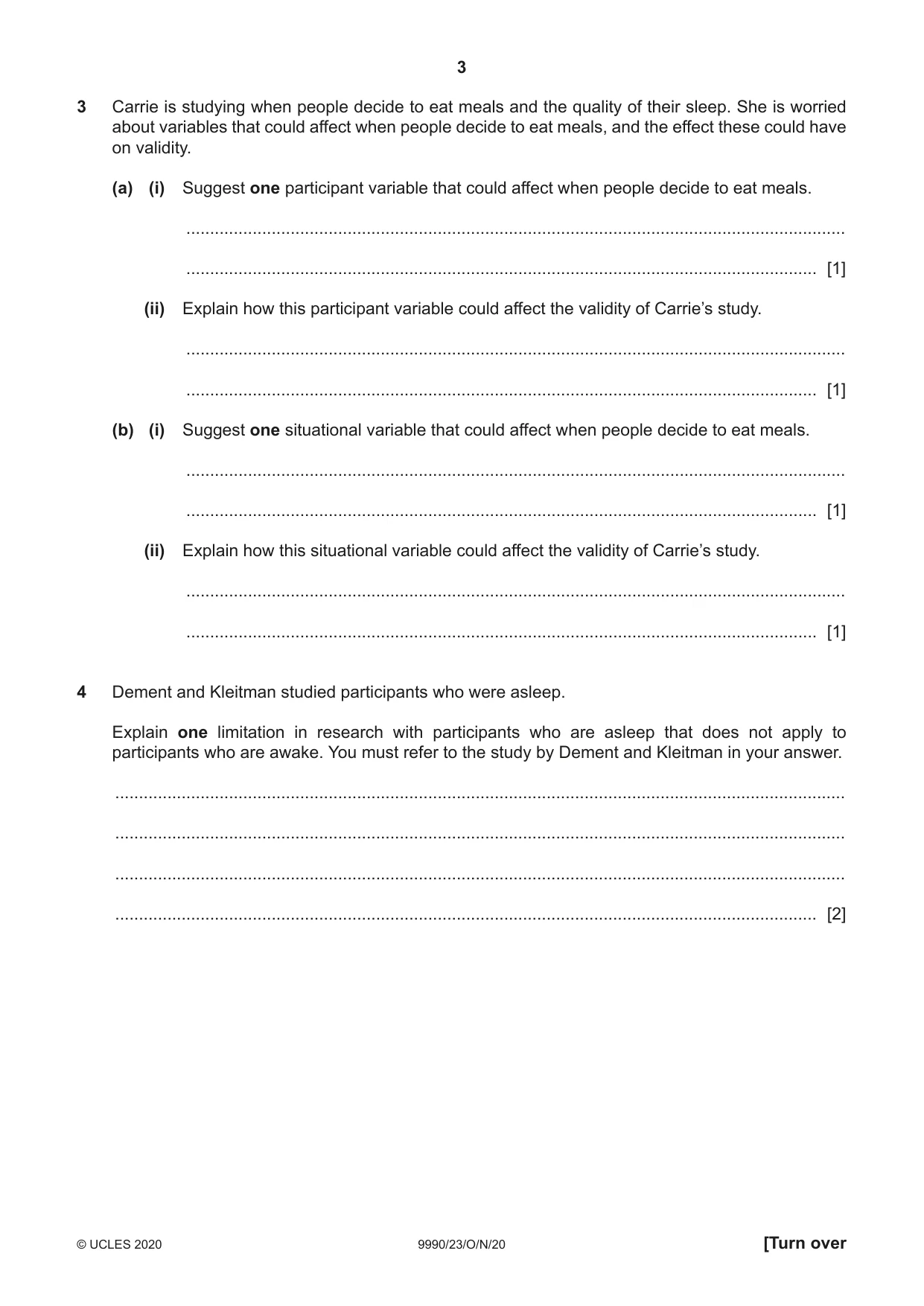 Cambridge A Level Psychology (from 2018) 9990 2020 Oct/Nov Paper 2 · Variant 3 question paper, page 3 of 12