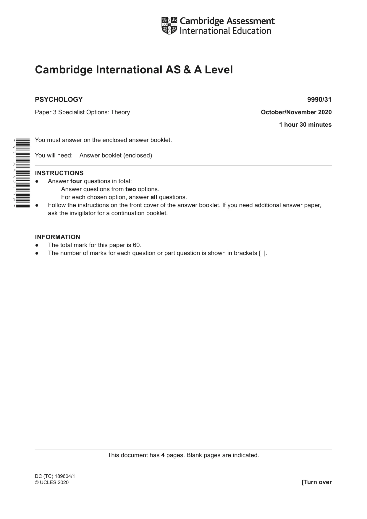 Cambridge A Level Psychology (from 2018) 9990 2020 Oct/Nov Paper 3 · Variant 1 question paper, page 1 of 4