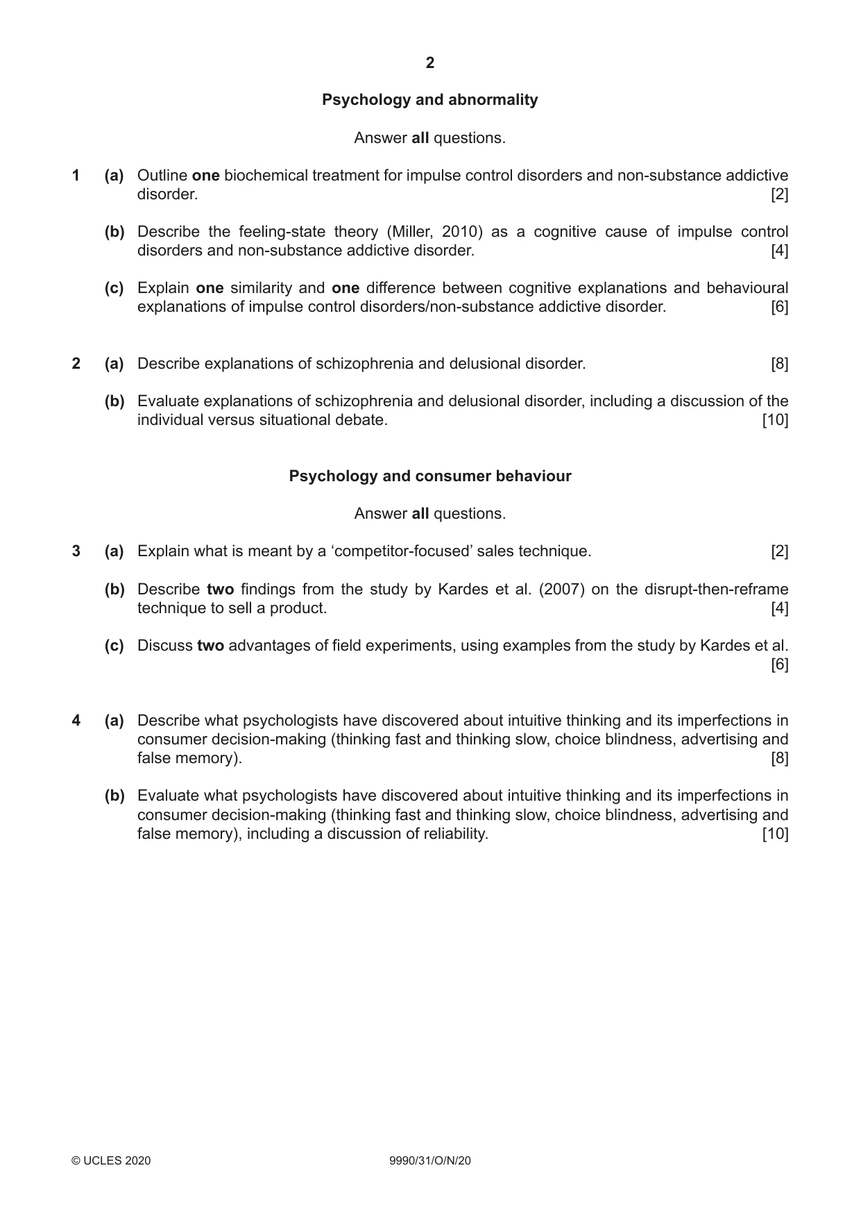 Cambridge A Level Psychology (from 2018) 9990 2020 Oct/Nov Paper 3 · Variant 1 question paper, page 2 of 4