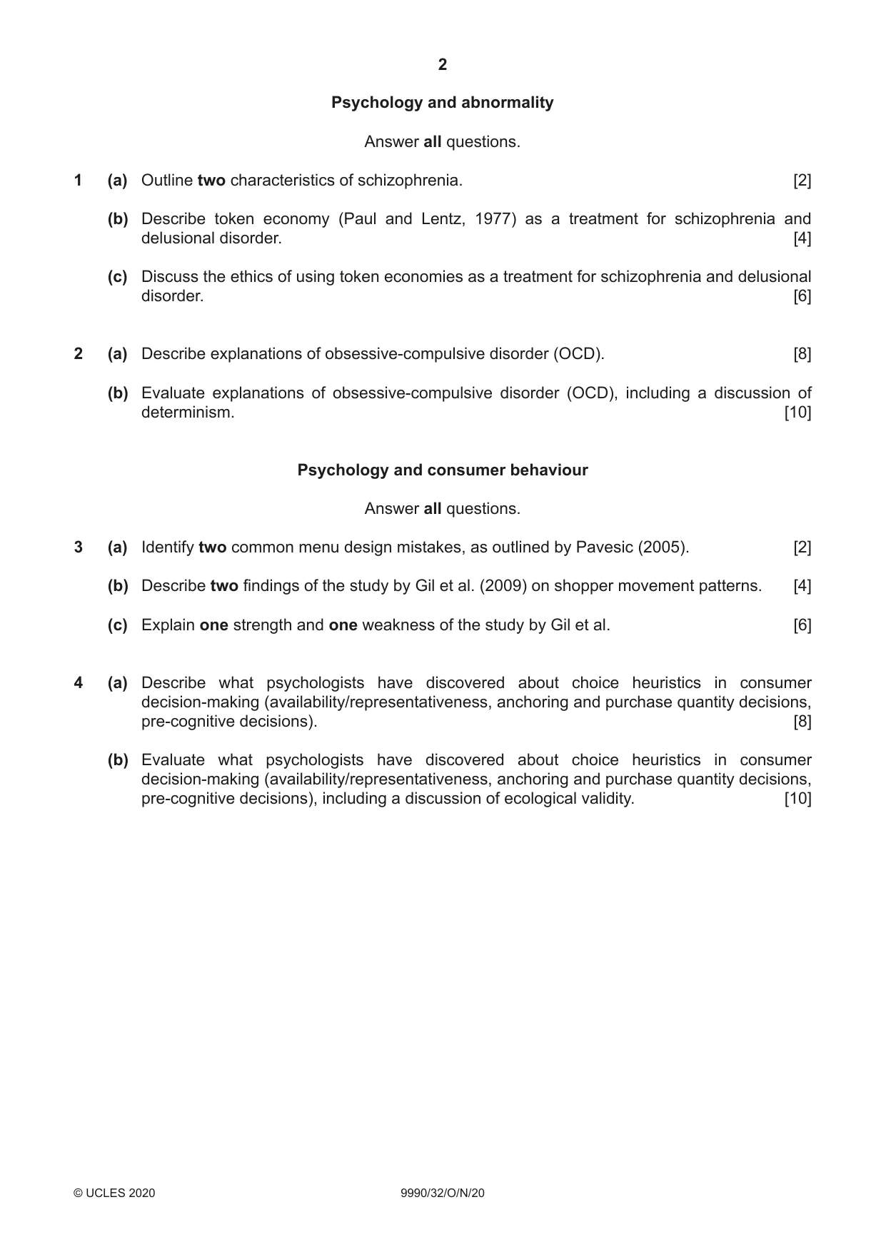 Cambridge A Level Psychology (from 2018) 9990 2020 Oct/Nov Paper 3 · Variant 2 question paper, page 2 of 4