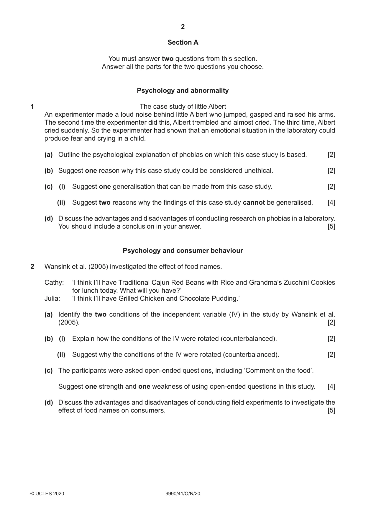 Cambridge A Level Psychology (from 2018) 9990 2020 Oct/Nov Paper 4 · Variant 1 question paper, page 2 of 8