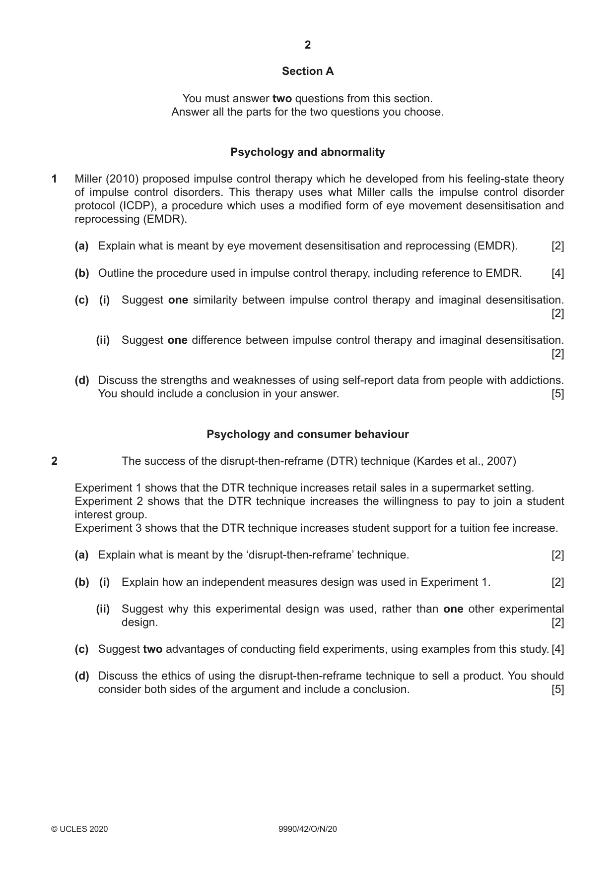 Cambridge A Level Psychology (from 2018) 9990 2020 Oct/Nov Paper 4 · Variant 2 question paper, page 2 of 8