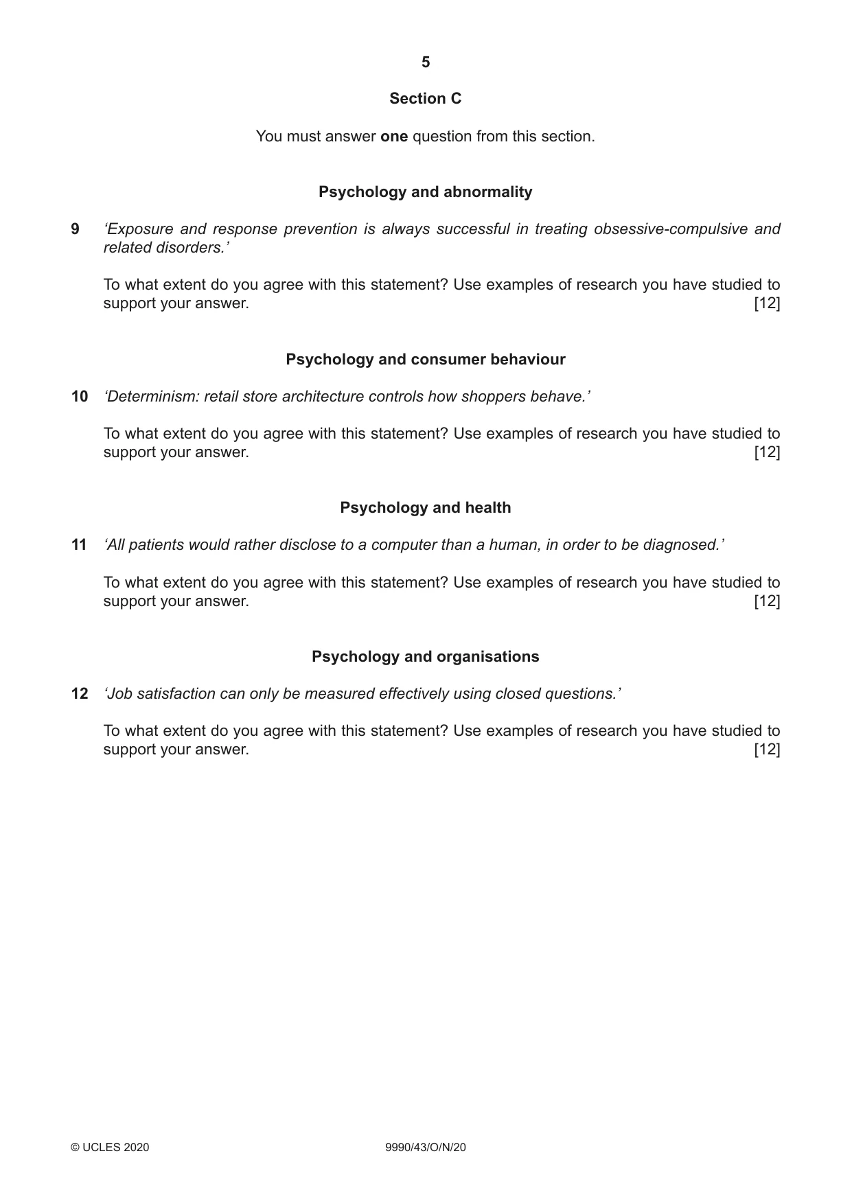 Cambridge A Level Psychology (from 2018) 9990 2020 Oct/Nov Paper 4 · Variant 3 question paper, page 5 of 8