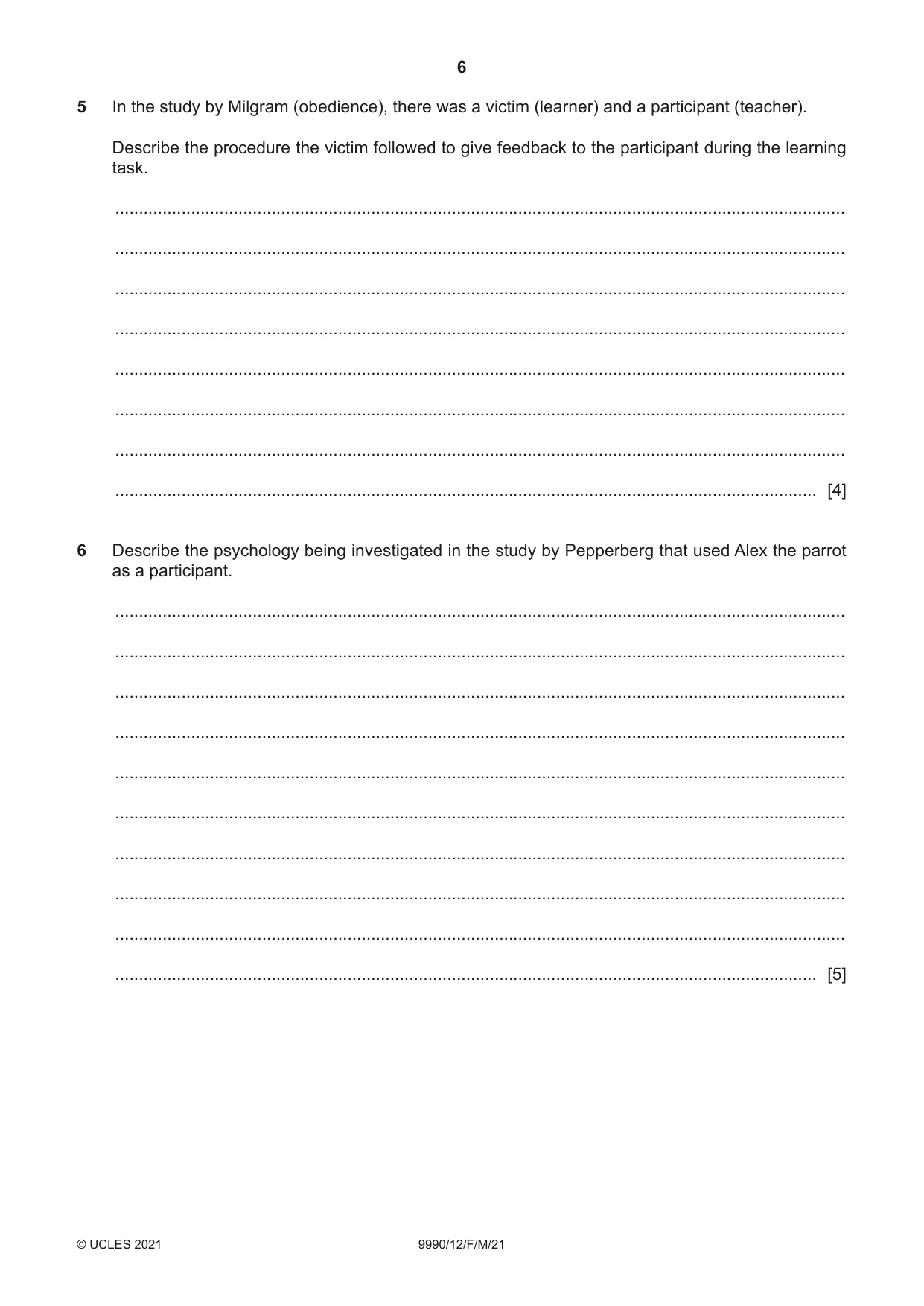Cambridge A Level Psychology (from 2018) 9990 2021 Feb/March Paper 1 · Variant 2 question paper, page 6 of 12