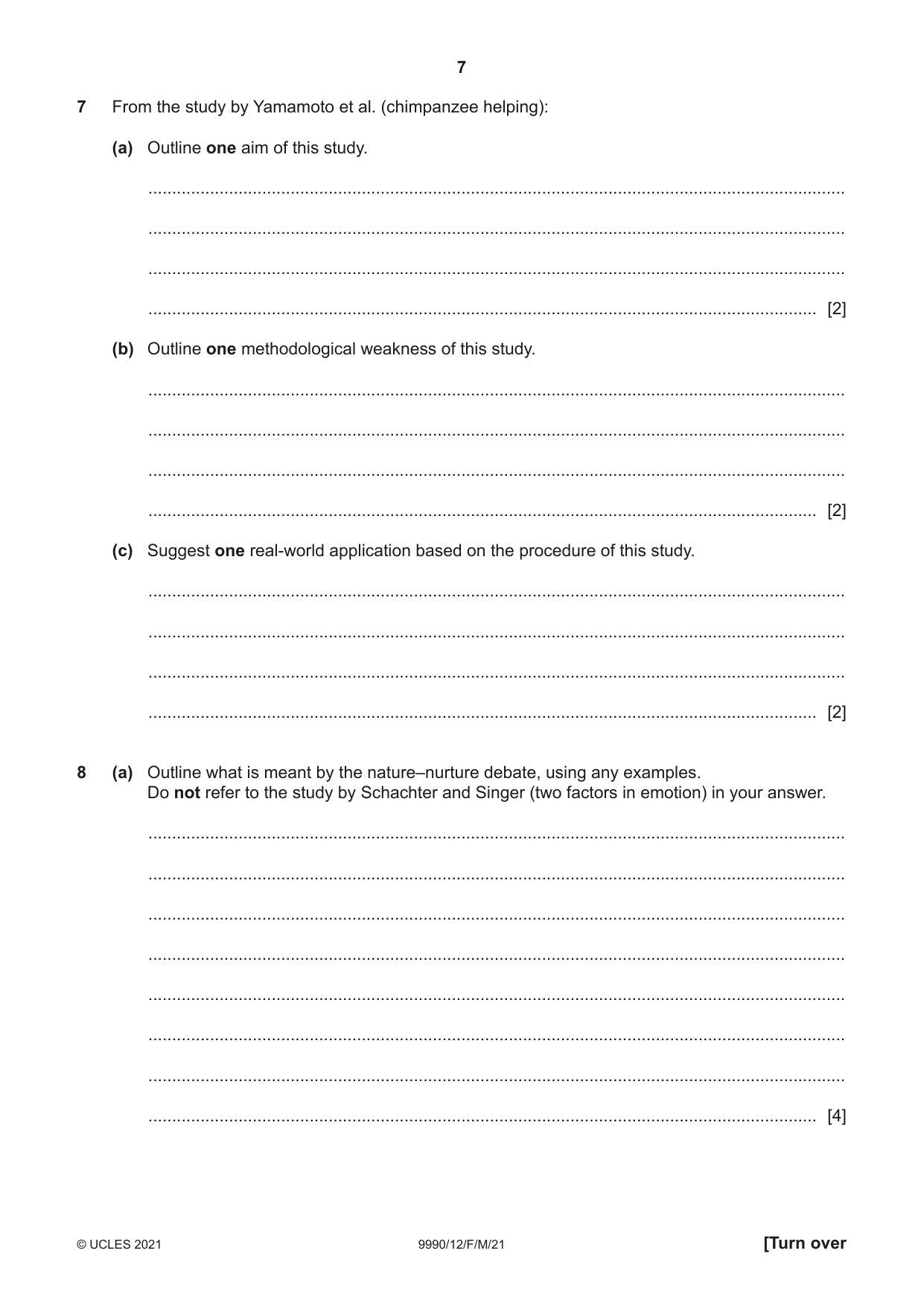 Cambridge A Level Psychology (from 2018) 9990 2021 Feb/March Paper 1 · Variant 2 question paper, page 7 of 12
