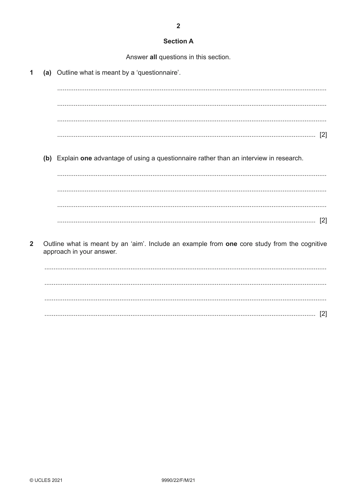 Cambridge A Level Psychology (from 2018) 9990 2021 Feb/March Paper 2 · Variant 2 question paper, page 2 of 12