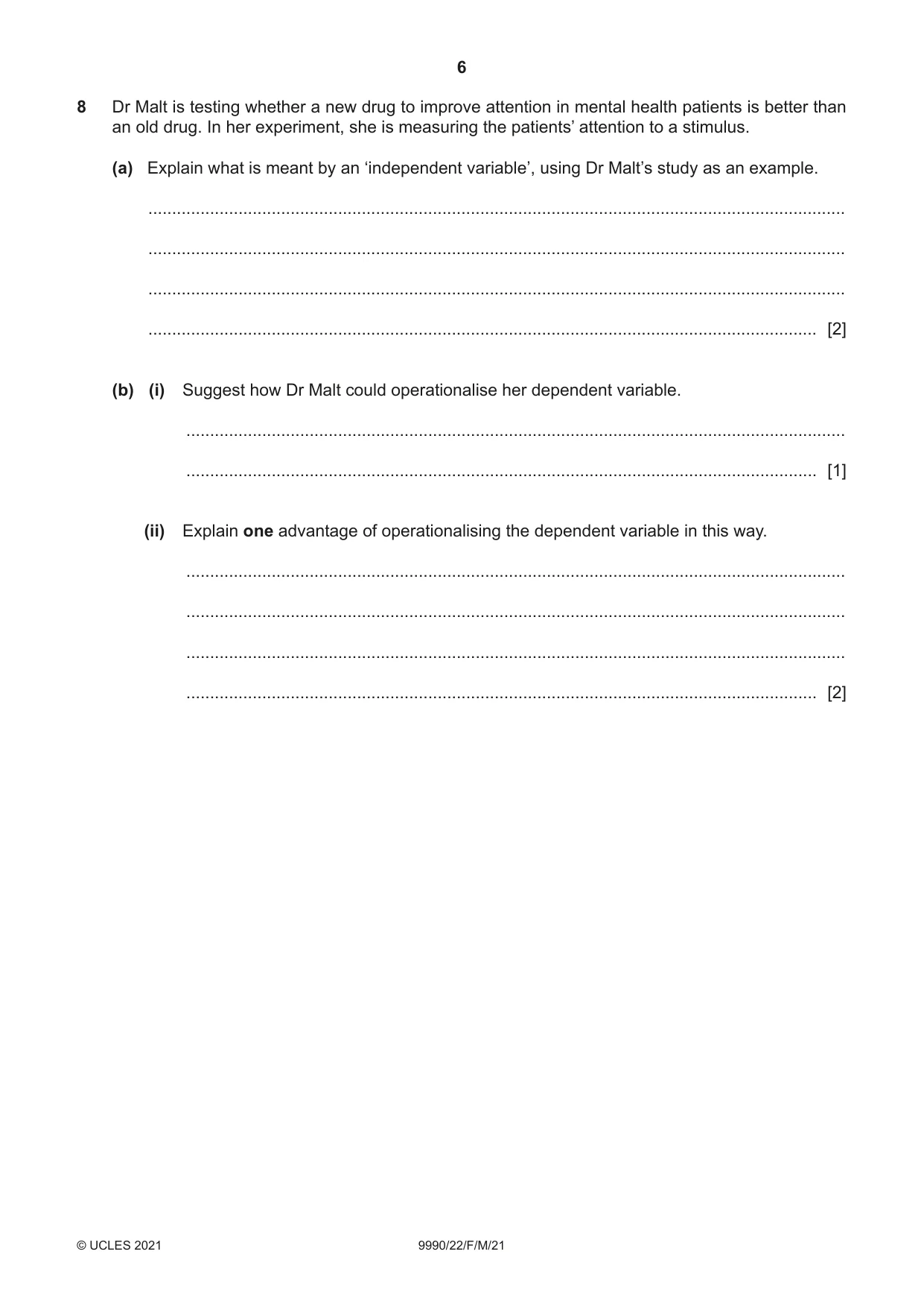Cambridge A Level Psychology (from 2018) 9990 2021 Feb/March Paper 2 · Variant 2 question paper, page 6 of 12