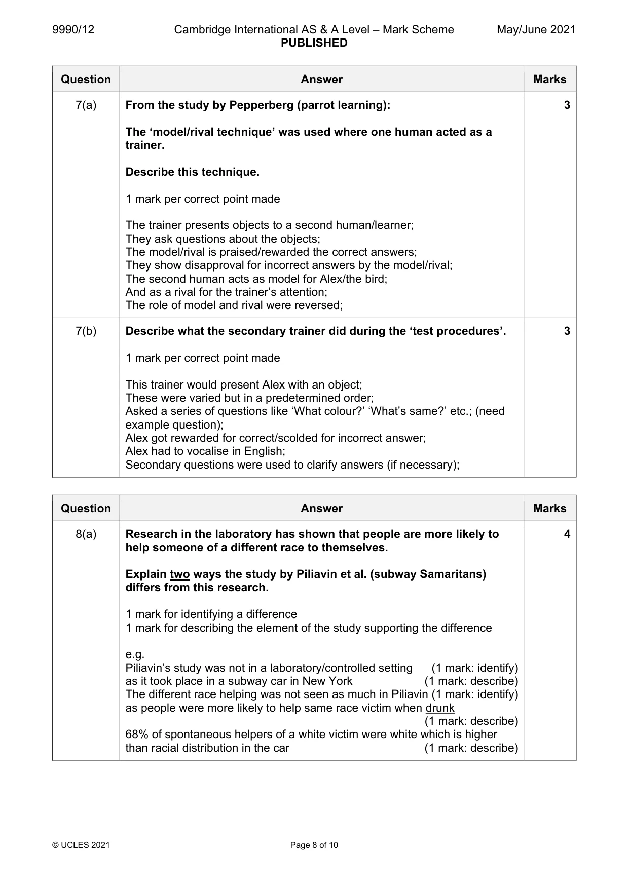 Mark scheme, page 8 of 10