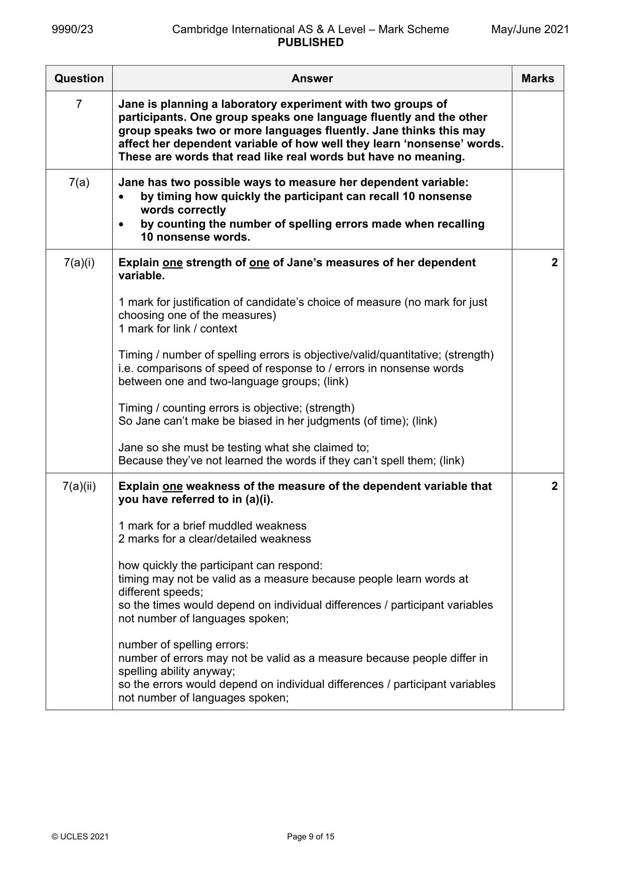 Mark scheme, page 9 of 15