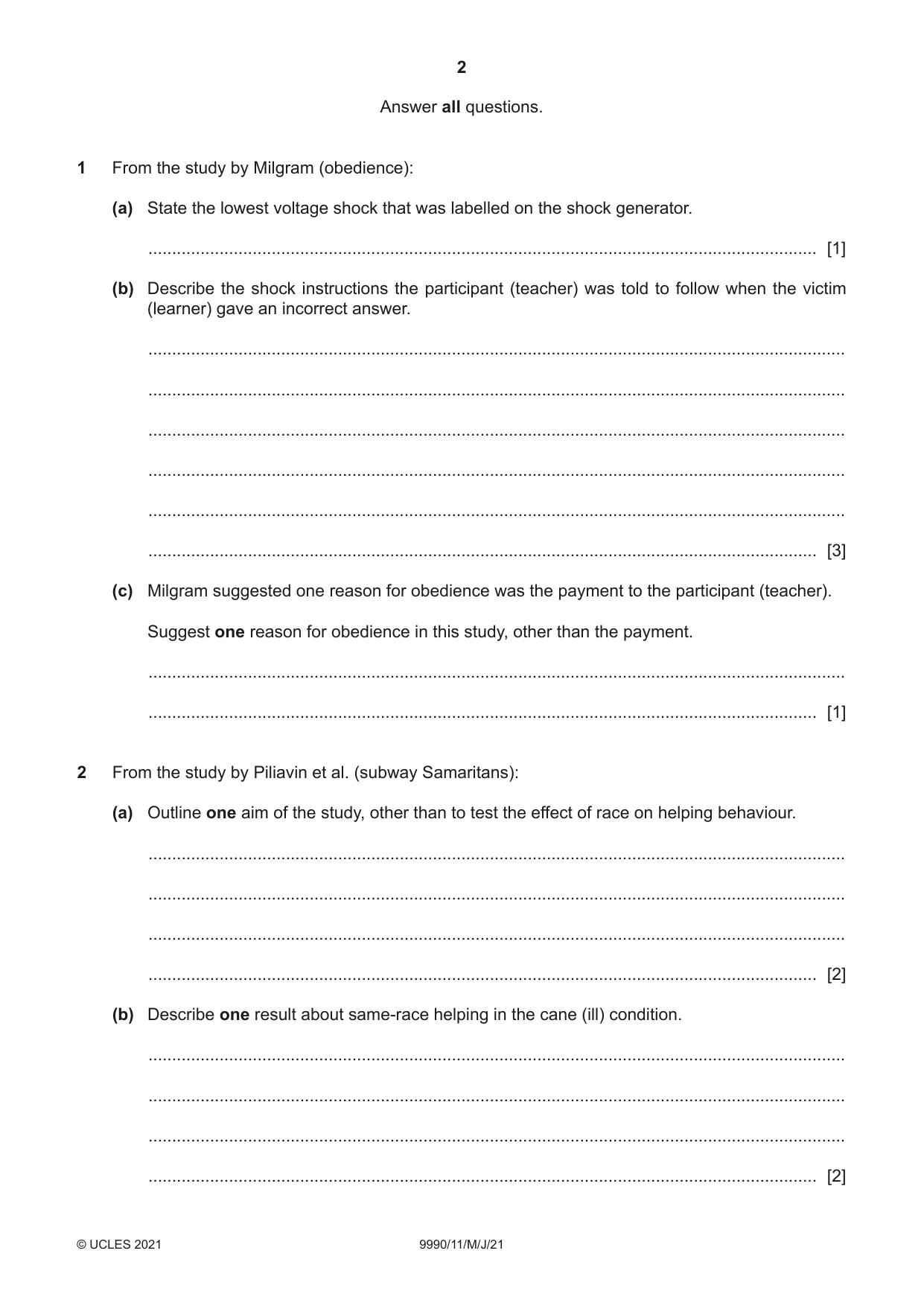 Cambridge A Level Psychology (from 2018) 9990 2021 May/June Paper 1 · Variant 1 question paper, page 2 of 8