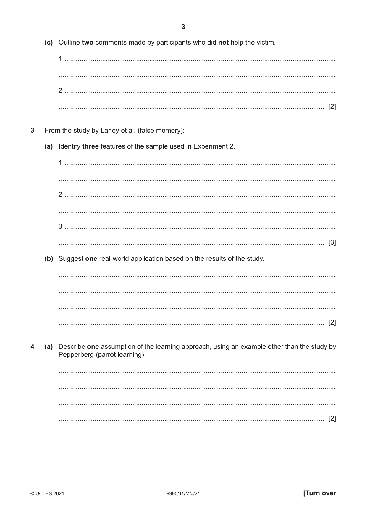 Cambridge A Level Psychology (from 2018) 9990 2021 May/June Paper 1 · Variant 1 question paper, page 3 of 8